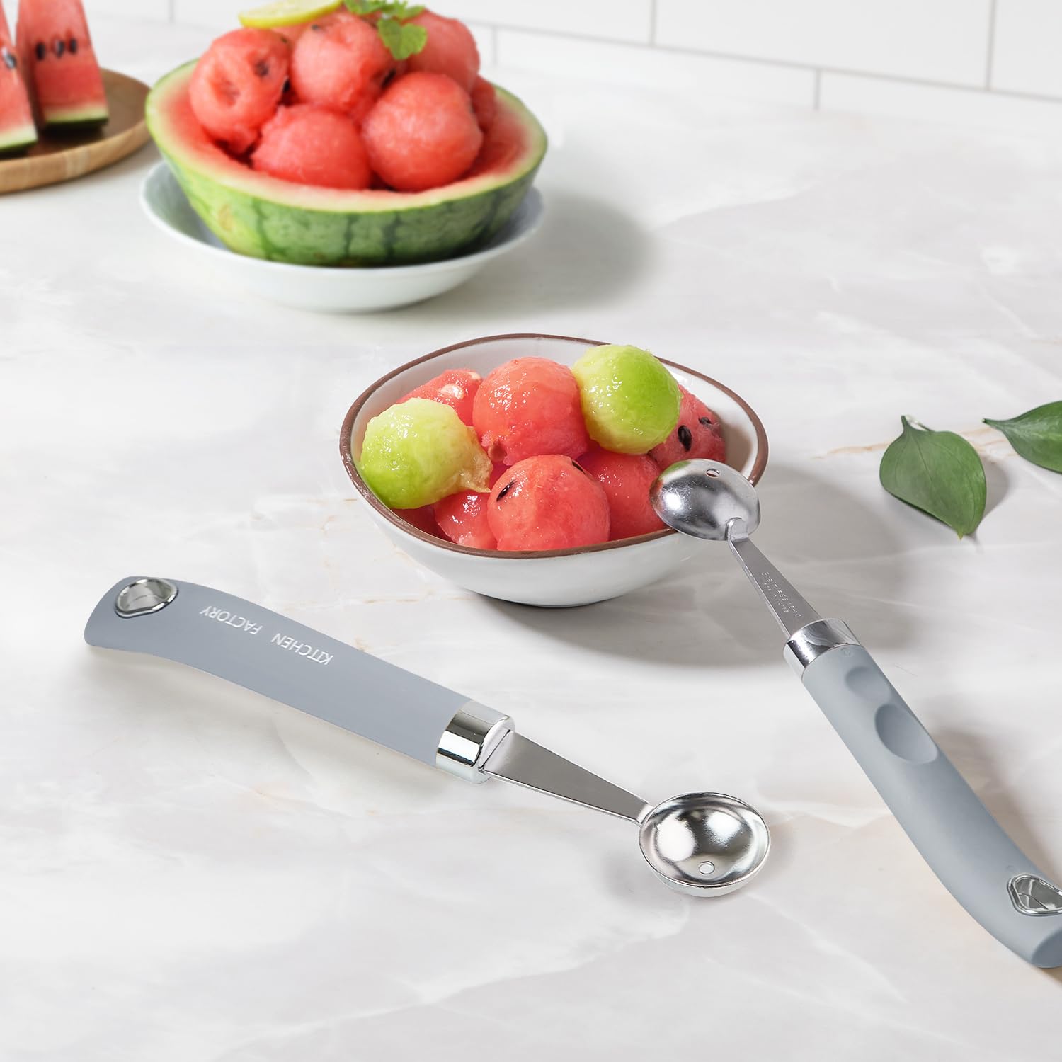 Premium Stainless Steel Melon Baller with Non-Slip Smooth Handle - Perfect for Scooping Fruits, Ice Cream, Cookie Dough & Meatballs - Blue Grey Kitchen Tool for Professional Chefs & Home Cooking