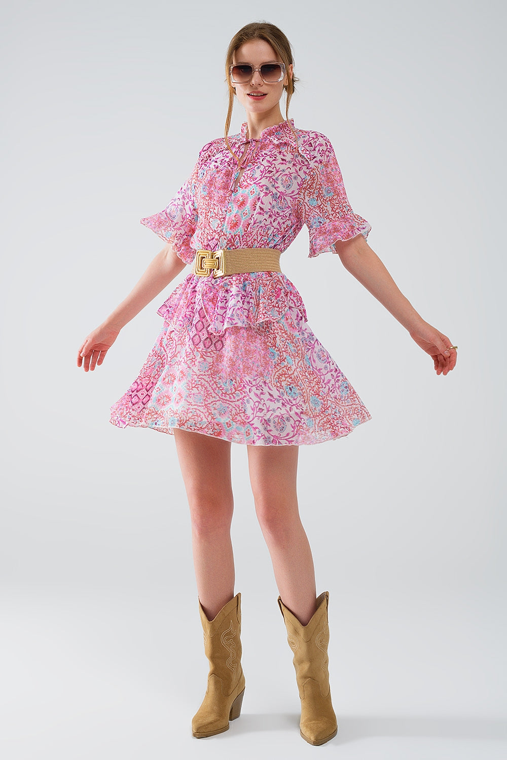 Abstract Print Short Robe and Ruffled Skirt in Pink Shades - Perfect for Casual Wear, Loungewear, and Beach Cover-Ups