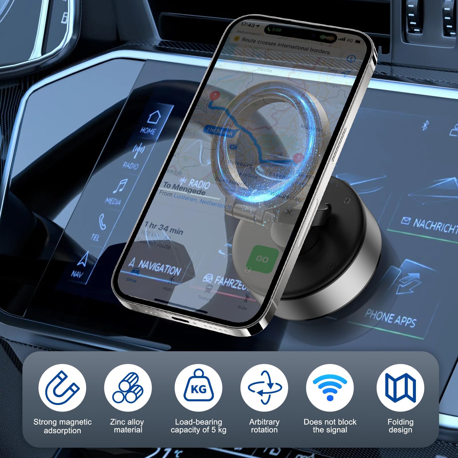 KOQ Upgraded Silver Magnetic Car Phone Mount - 360° Rotatable Vacuum Suction Phone Holder for iPhone, Samsung & All Smartphones | Strong Magnetic Grip for Dashboard & Windshield | Perfect for Road Trips, GPS Navigation & Hands-Free Calling