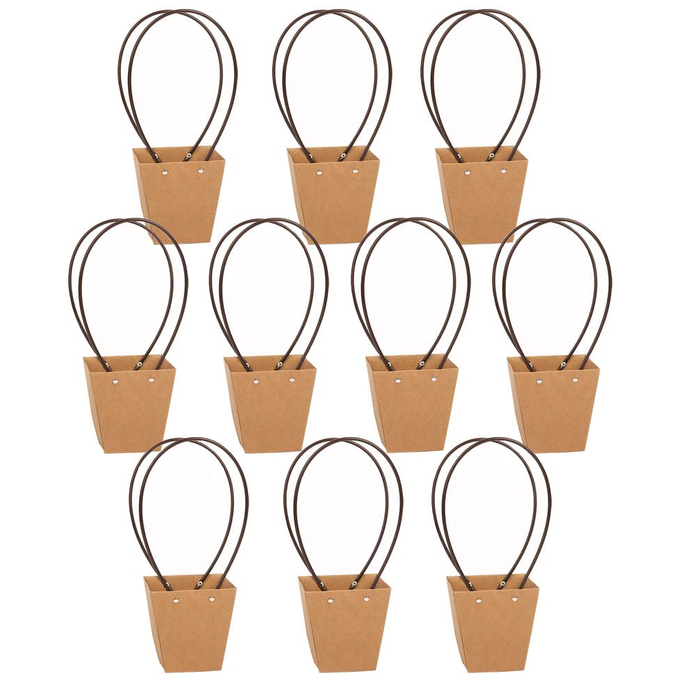 STKMELON 10-Pack Kraft Paper Gift Bags with Handles - Eco-Friendly Waterproof Bouquet & Flower Carrier Bags for Weddings, Birthdays, Thanksgiving Party Favors | Perfect for Floral Arrangements, Gift Wrapping & Event Decorations (T3-10Pack)