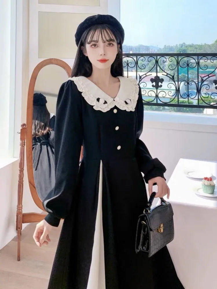 2023 Vintage Preppy Style Kawaii Black Midi Dress for Women - Peter Pan Collar School Student Party Dress | Perfect for Autumn School Events, Casual Outings & Retro-Themed Parties