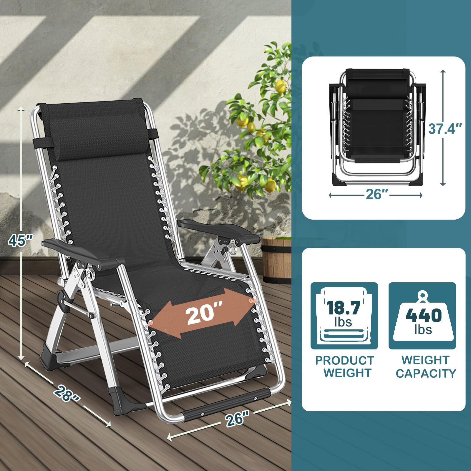 NAIZEA Zero Gravity Lounge Chair - Adjustable Folding Recliner with Cup Holder, Ergonomic Patio Chair for Indoor & Outdoor Use - Perfect for Backyard, Poolside, Camping and Relaxation