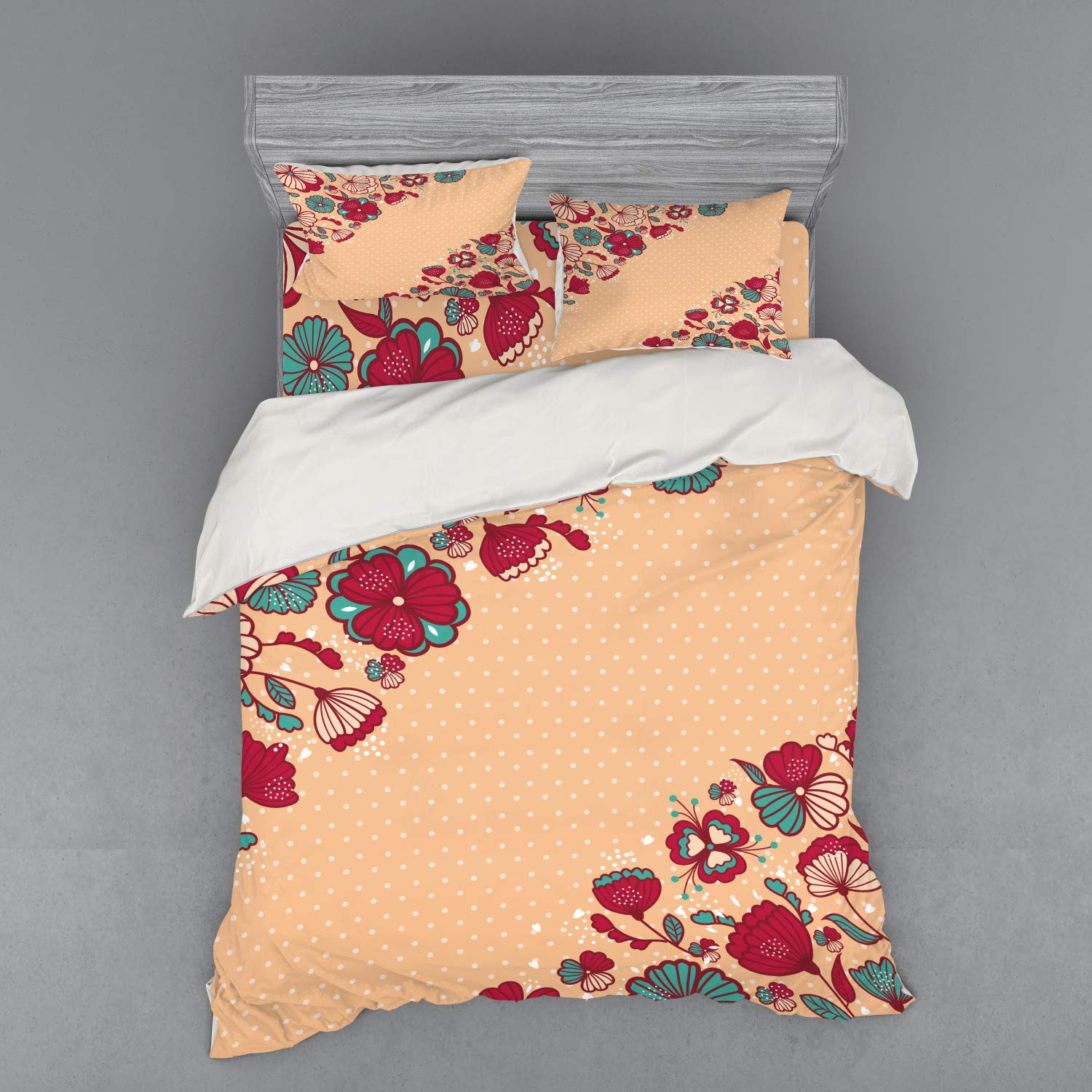 Ambesonne Floral Duvet Cover Set - Queen Size 4-Piece Bedding with Shams & Fitted Sheet, Nature-Inspired Flower Pattern on Polka Dot Background in Teal Ruby Salmon Colors | Perfect for Bohemian Bedroom Decor, Guest Room Makeover, and Cozy Home Styling