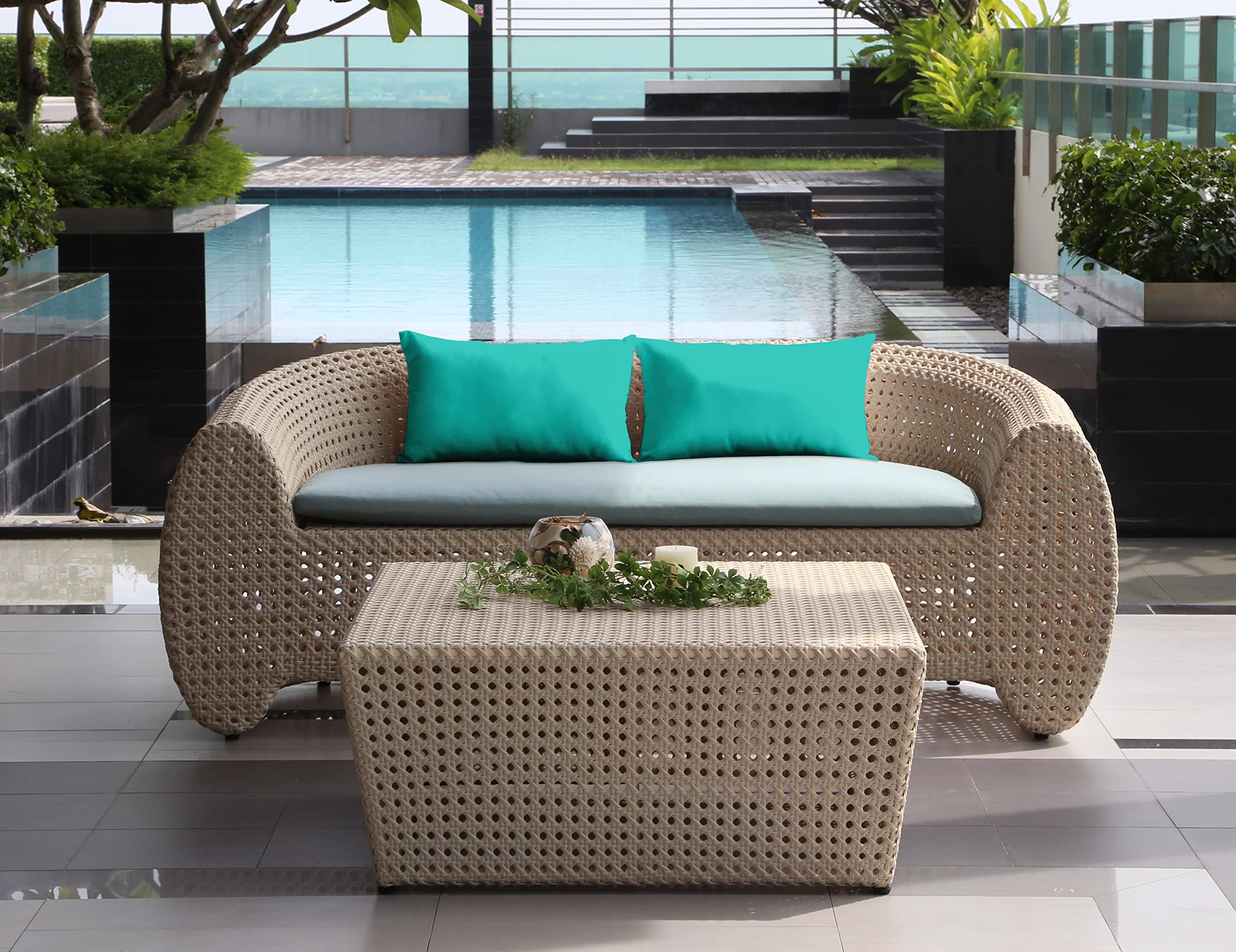 Waterproof Indoor Outdoor Lumbar Pillow with Insert - All-Weather Polyester Decorative Throw Pillow Set of 2 for Patio Furniture (Turquoise Green) - Perfect for Sofa, Garden, Deck & Poolside Relaxation