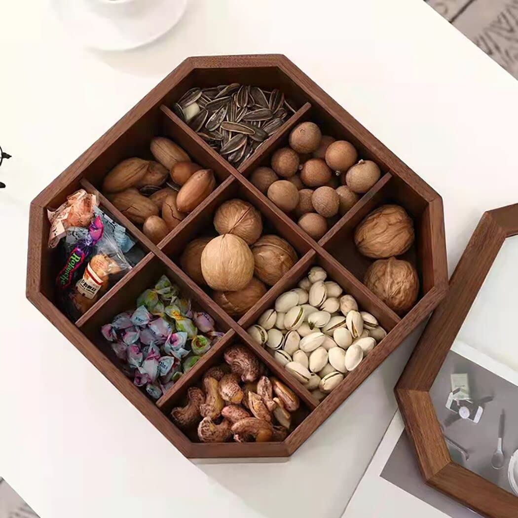 9-Compartment Snack Storage Box - Solid Black Walnut Wood Collectible Case with Glass Lid for Candy, Nuts, and Treats | Perfect for Home, Office, and Party Serving Tray