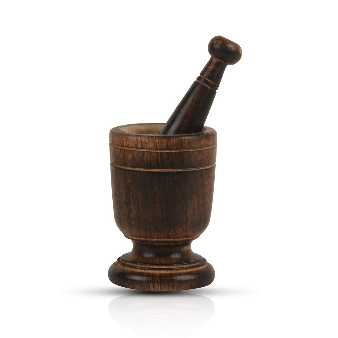 Handmade Wooden Mortar and Pestle Set - Natural Rustic Herb Grinder, Spice Mixer, Masala Crusher - Perfect for Grinding Herbs, Spices, Pills & Seasonings - Ideal Kitchen Utensil for Cooking, Ayurveda & Housewarming Gifts