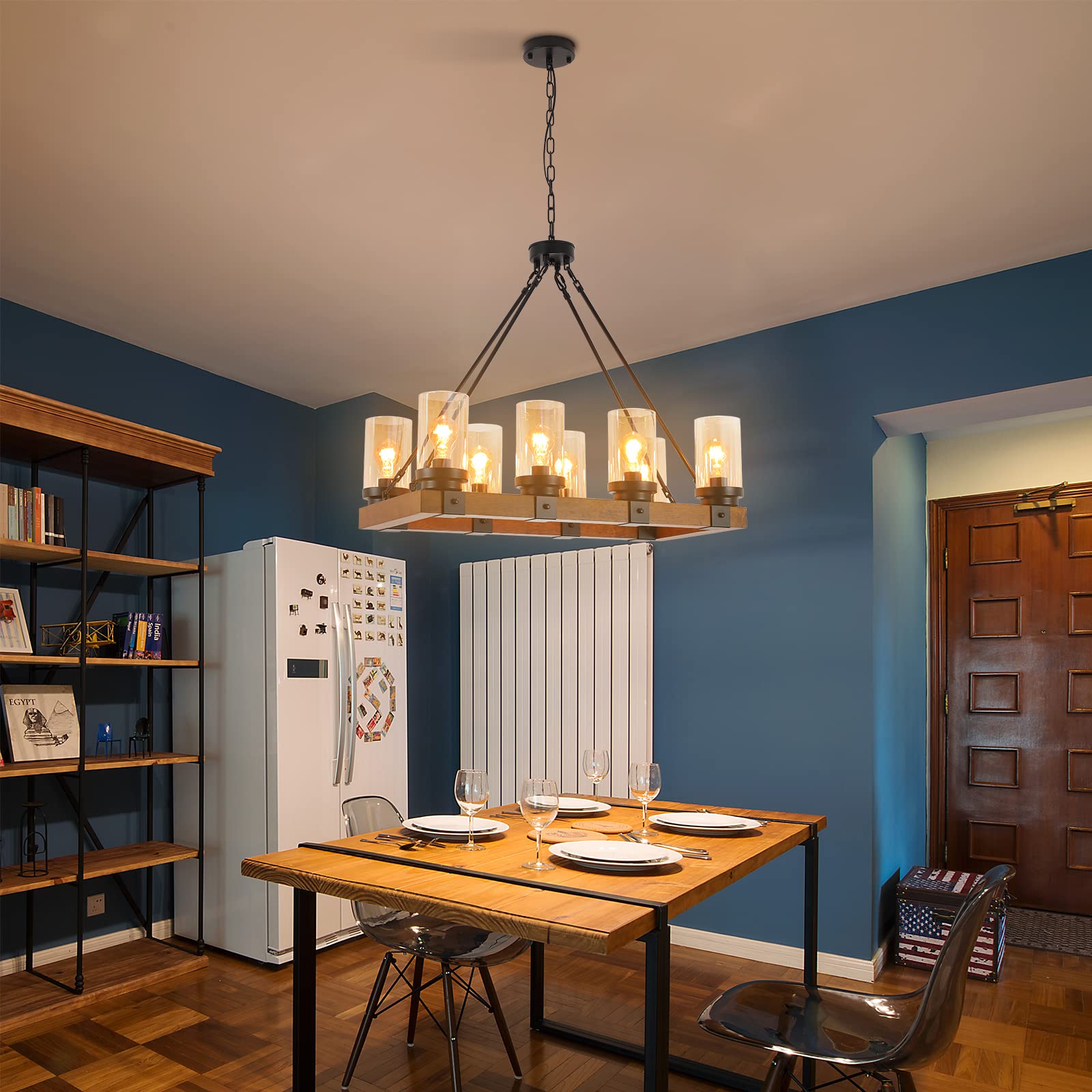 TFCFL 8-Light Wood Chandelier with Candle Glass Lampshade - 25 Inch Adjustable Chain Hanging Light Fixture for Living Room, Dining Room, Bedroom, Lodge & Tavern - Rustic Farmhouse Ceiling Pendant Light (750 x 350MM, E26 Bulb Not Included) - Perfect for Cozy Home Decor & Cabin Lighting
