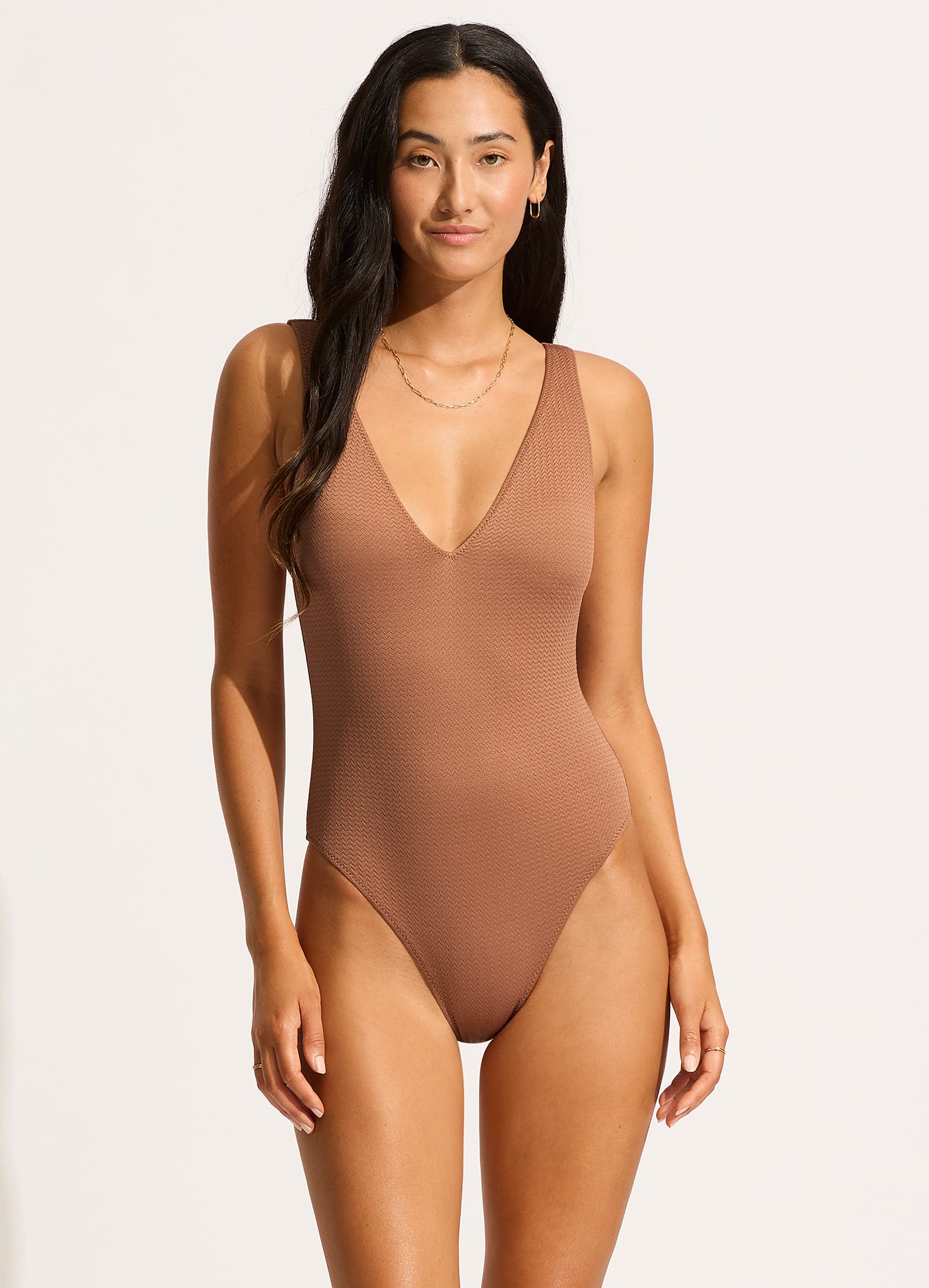 Sea Dive Deep V Neck One Piece Swimsuit - Bronze Color for Women | Perfect for Beach Vacations, Pool Parties & Summer Getaways