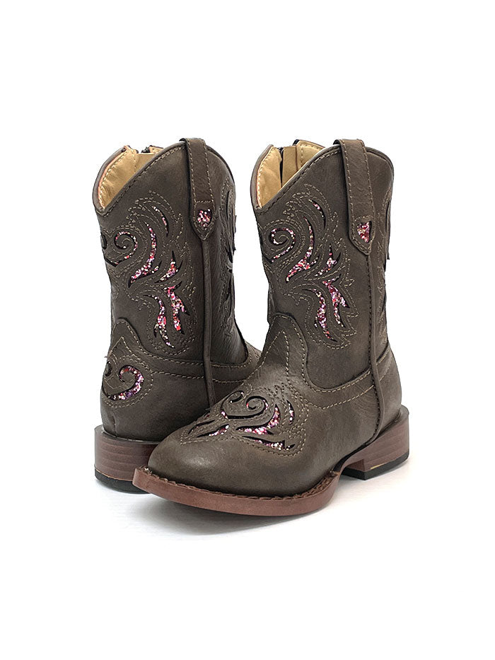 Roper 09 017 1901 2015 Toddler Girls' Glitter Breeze Square Toe Western Cowboy Boots - Brown Leather Booties for Kids - Perfect for Rodeo, Dance & Western Fashion