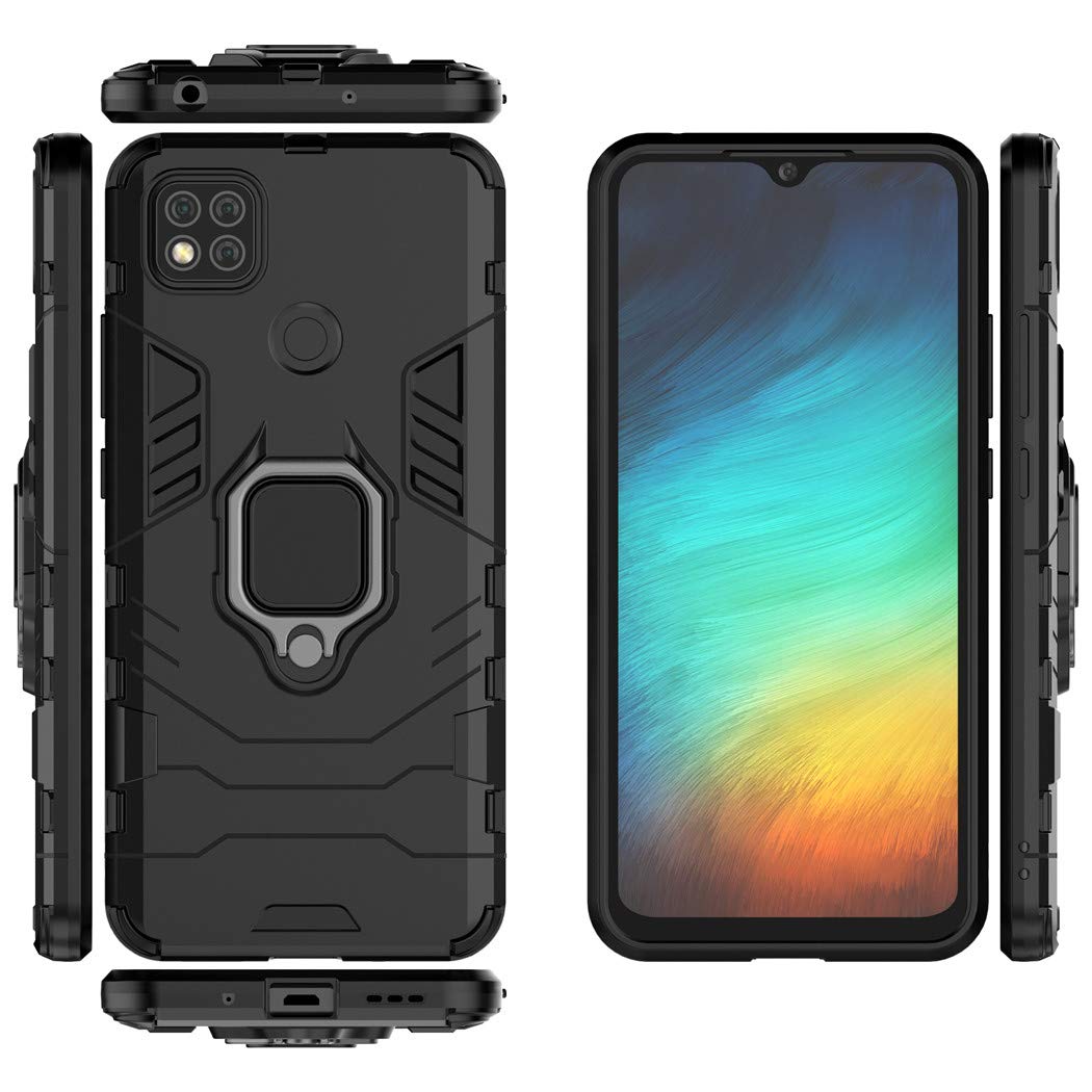 Shockproof Hard Bumper Case for Xiaomi Redmi 9C & 10A - Metal Ring Grip & Kickstand | Magnetic Car Mount Compatible | Dual Layer Rugged Protective Cover (Black) - Perfect for Outdoor Activities & Daily Use
