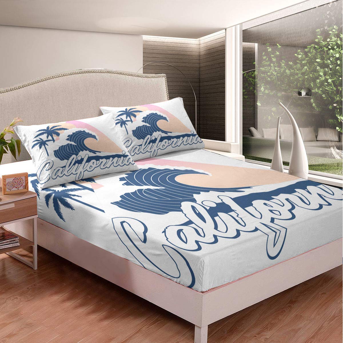 Banana Tree Waves Sunset White Bed Sheet Set - Ultra Soft Printed Dye 3-Piece Bedding (1 Fitted Sheet + 2 Pillow Cases) Deep Pocket Wrinkle-Free - Perfect for Master Bedroom, Guest Room & Vacation Homes