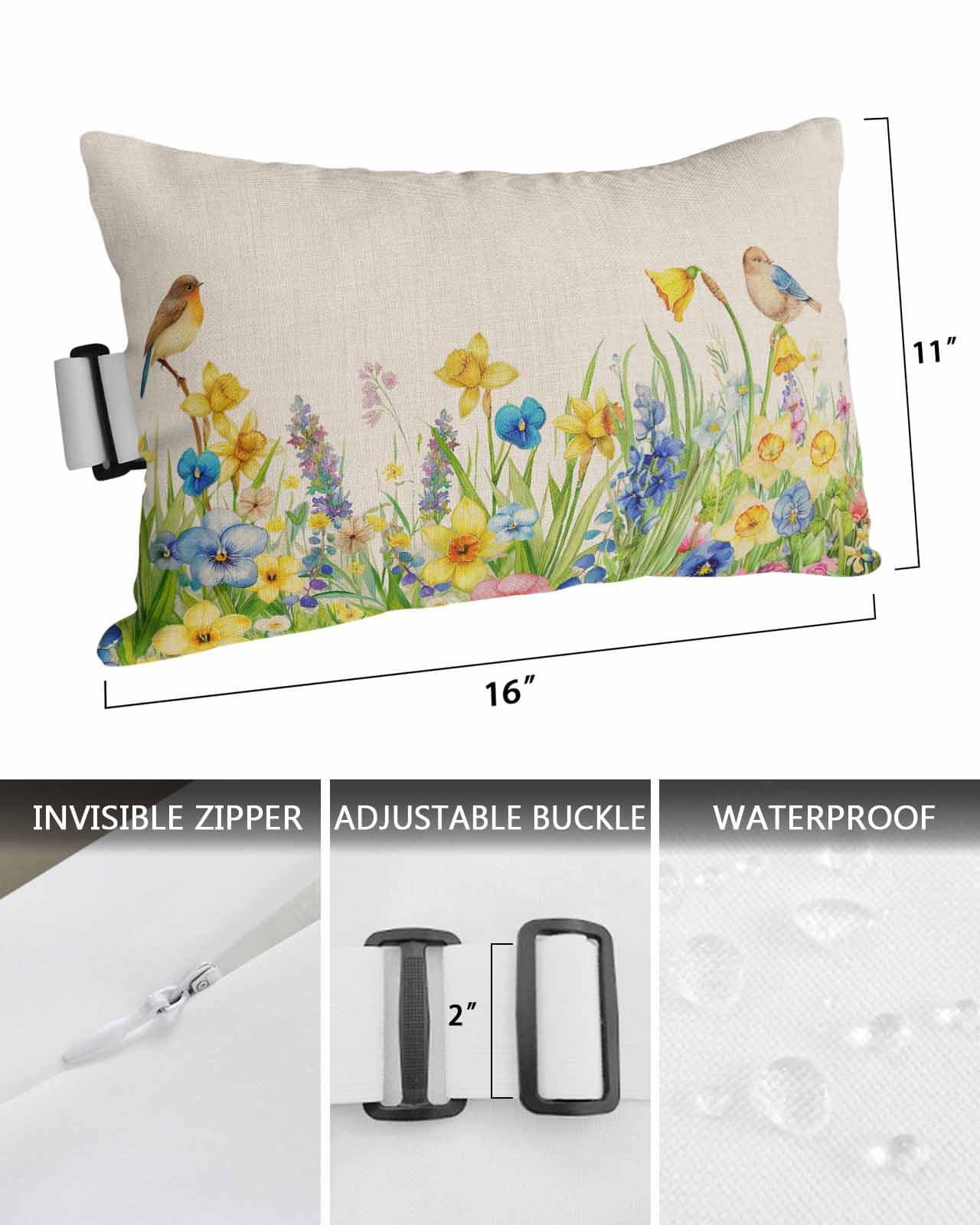 Outdoor Lumbar Pillow Set of 1 - Waterproof Spring Floral Beach Headrest Cushion with Inserts - Farmhouse Birds Summer Botanical Throw Pillow for Patio Furniture (11