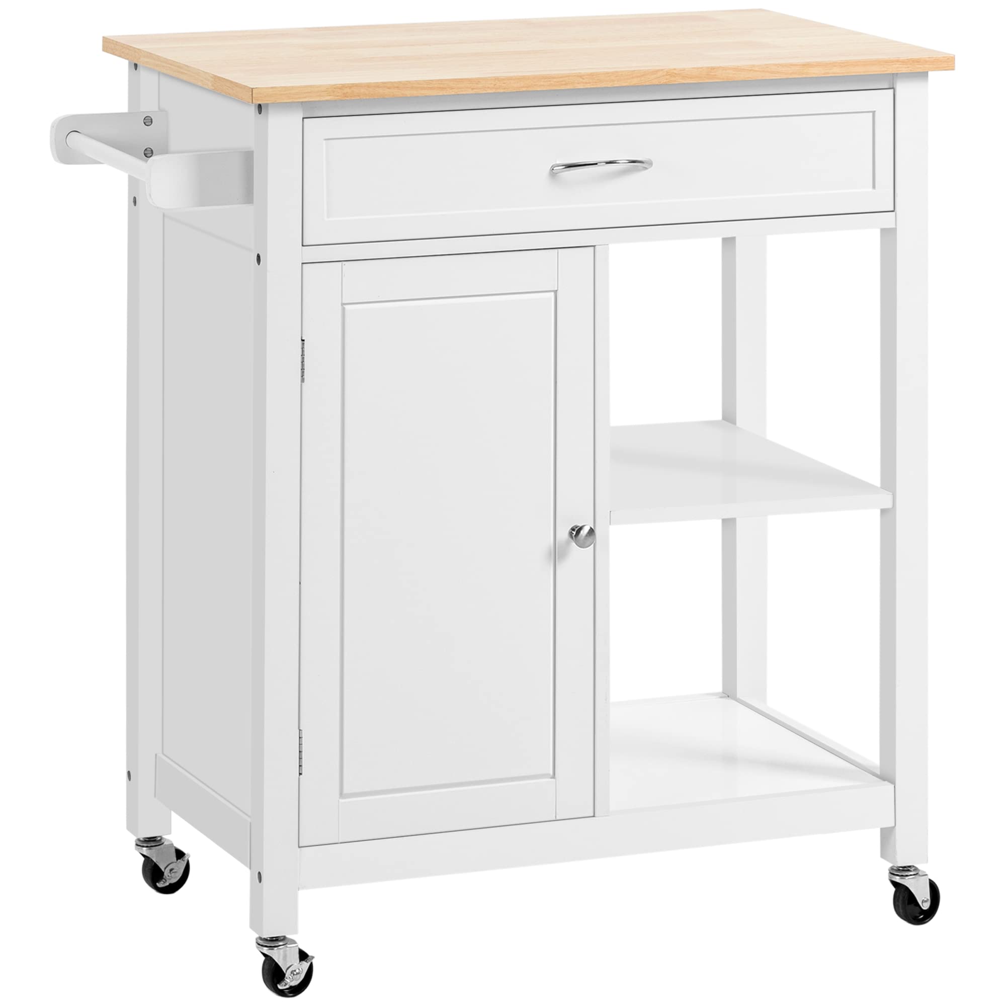 HOMCOM White Kitchen Island Cart with Drawer & Storage Shelf - Solid Wood Top for Dining Room & Small Spaces