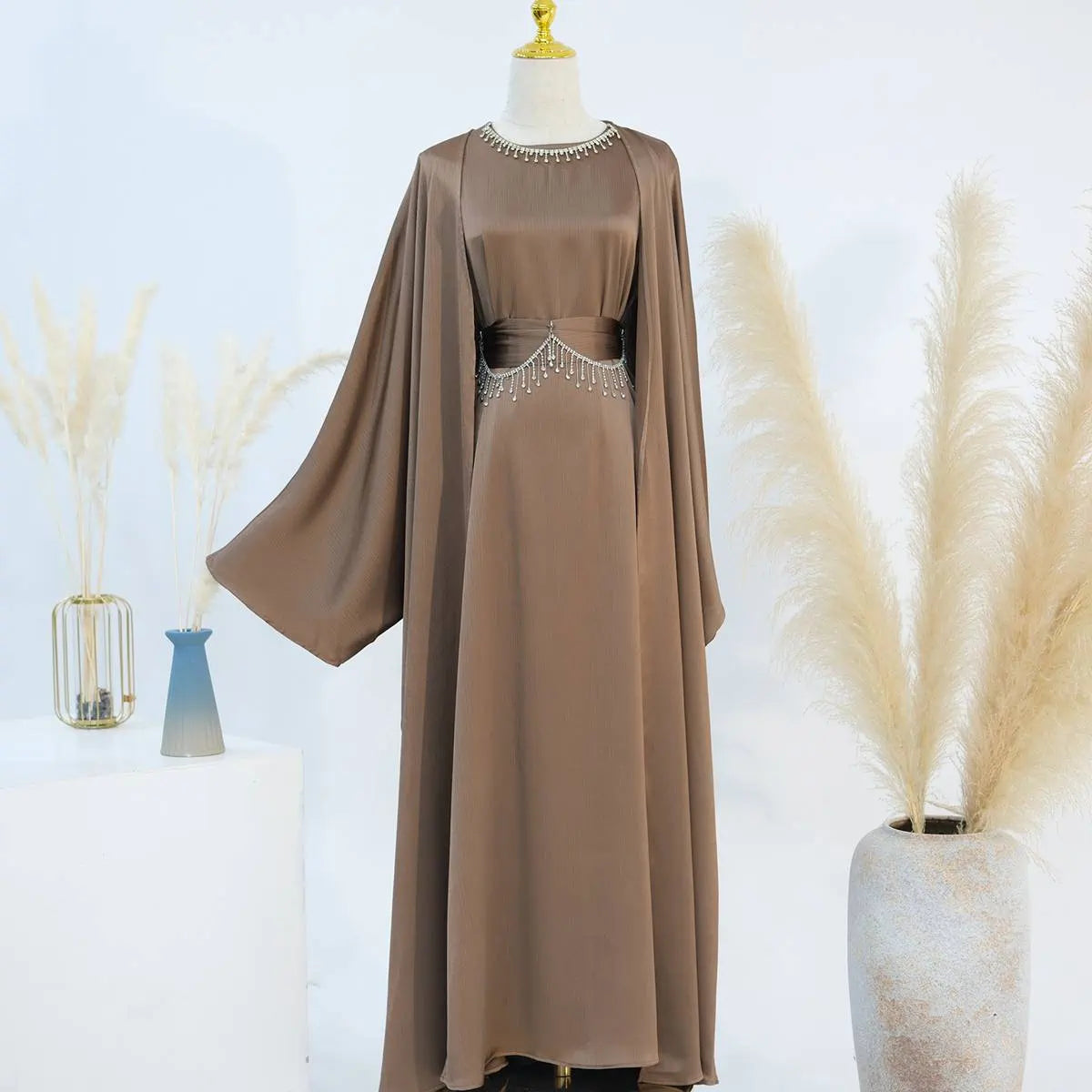 Wrinkle-Free Satin 2-Piece Open Abaya Dress Set #24806 - Elegant Muslim Prayer Dress for Women, Perfect for Special Occasions & Daily Wear