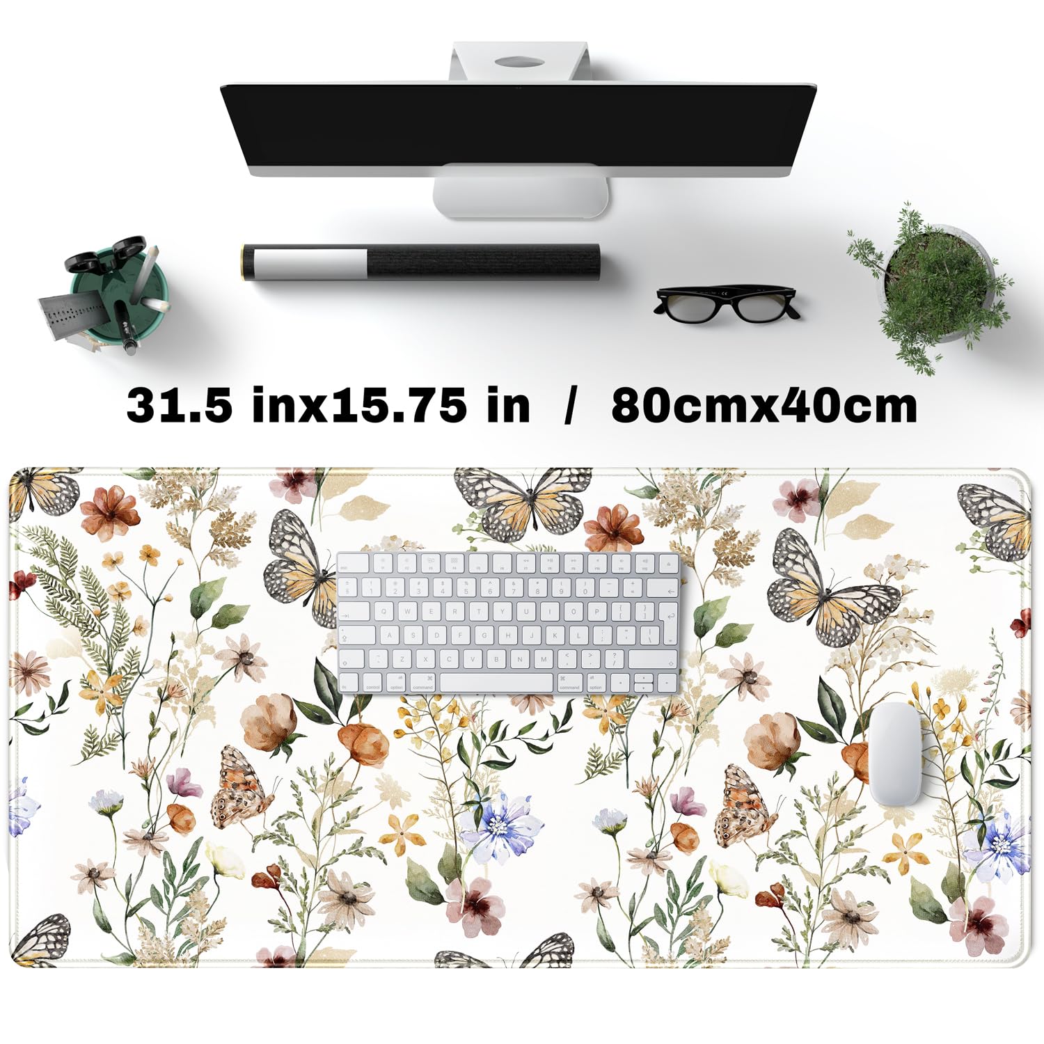 Floral White Large Mouse Pad with Stitched Edge - 31.5x15.8in XL Desk Mat for Computer, Keyboard & Gaming | Home Office Decor, Funny Plant Design | Perfect for Work, Gaming & Stylish Workspace Setup