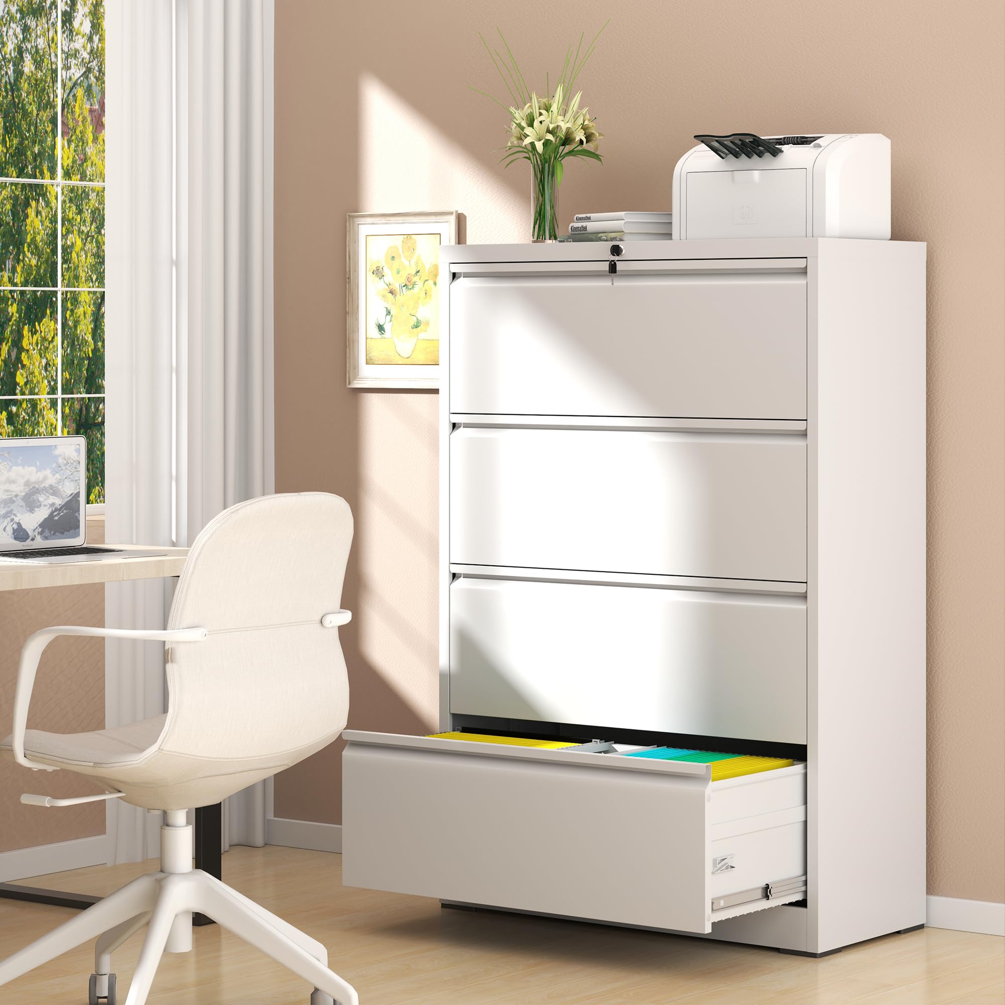 AQY 4-Drawer Locking Metal File Cabinet - Steel Lateral Office Storage for Hanging Files (Letter/Legal/F4/A4 Size) in White - Perfect for Home Office Organization & Document Management