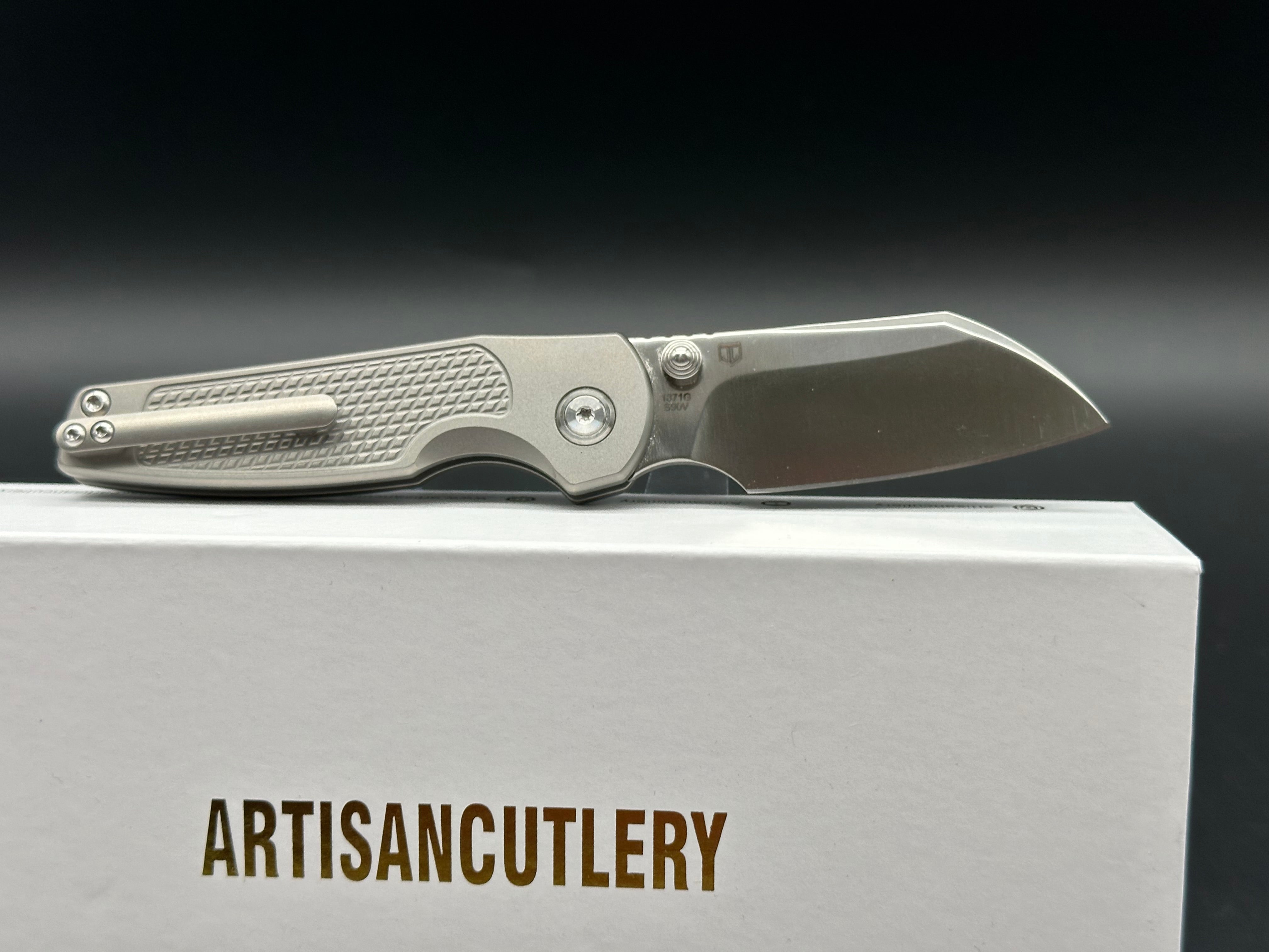 ARTISAN CUTLERY CLEO Button Lock Folding Knife - Titanium Handle, S90V Steel Plain Edge - EDC Pocket Knife for Outdoor, Camping & Everyday Carry