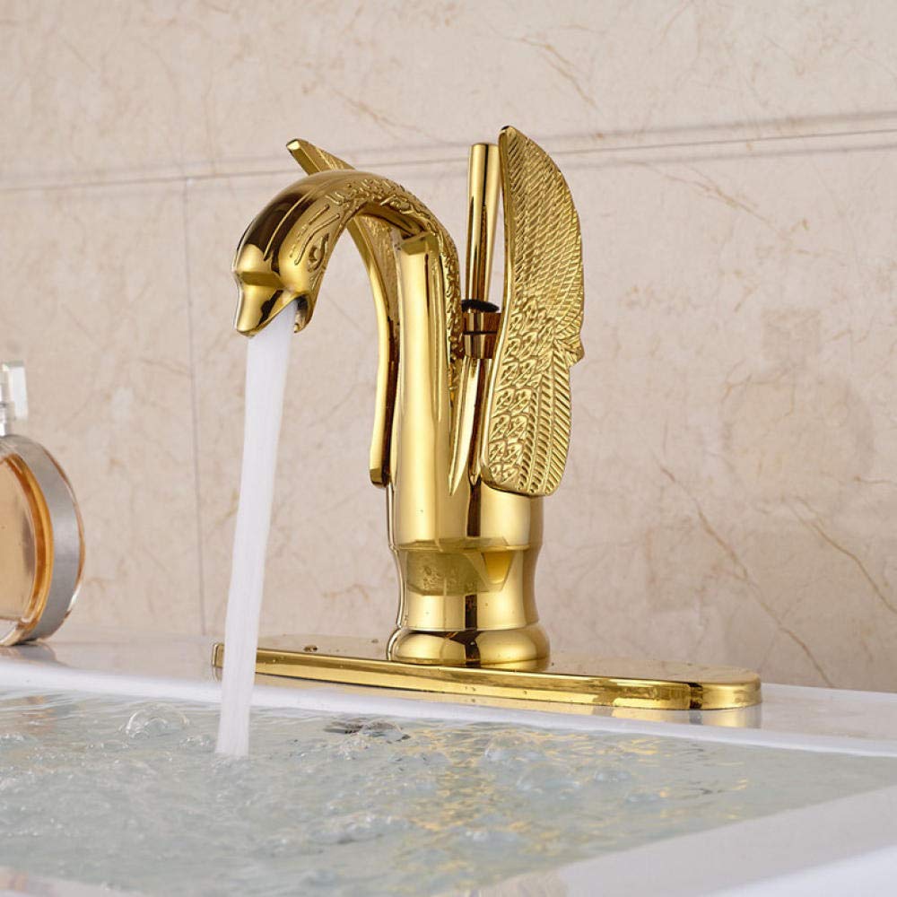Golden Deck Mount Brass Bathroom Sink Faucet - Swan Shape Lavatory Mixer Tap with Hole Cover Plate | Elegant Vessel Sink Tap for Modern Bathrooms & Powder Rooms