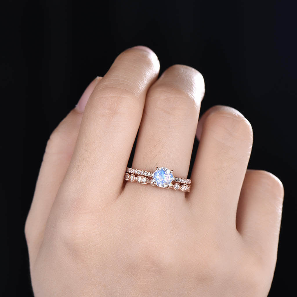 Vintage Rainbow Moonstone Diamond Rose Gold Engagement Ring Set - 2 Piece Bridal Jewelry for Wedding, Proposal & Anniversary Gifts