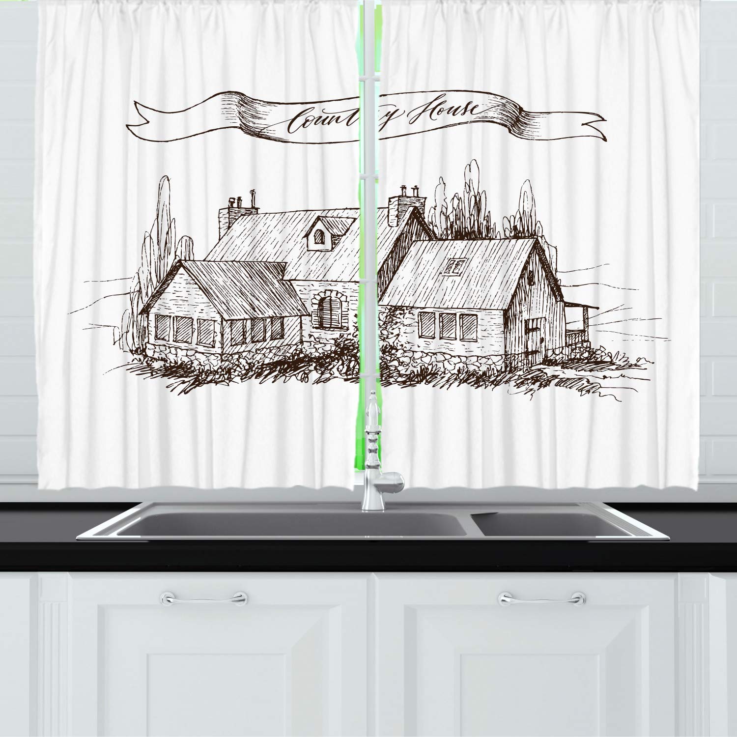 Ambesonne Farmhouse Long Kitchen Curtains - Country Style Rustic Home Decor with Rod Pocket, 55