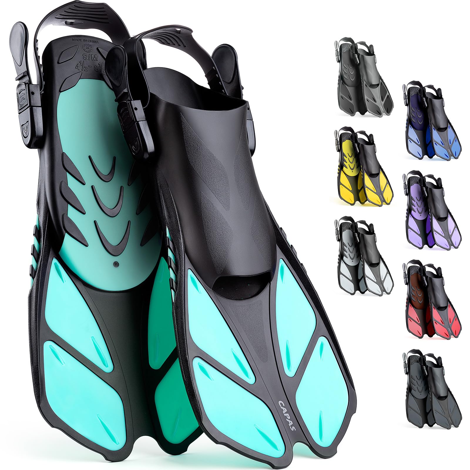 **CAPAS Snorkel Fins - Adjustable Travel Size Swim Fins for Snorkeling & Diving - Open Heel Swimming Flippers for Adults, Men, Women & Kids - Perfect for Beach Vacations, Pool Swimming & Underwater Adventures**