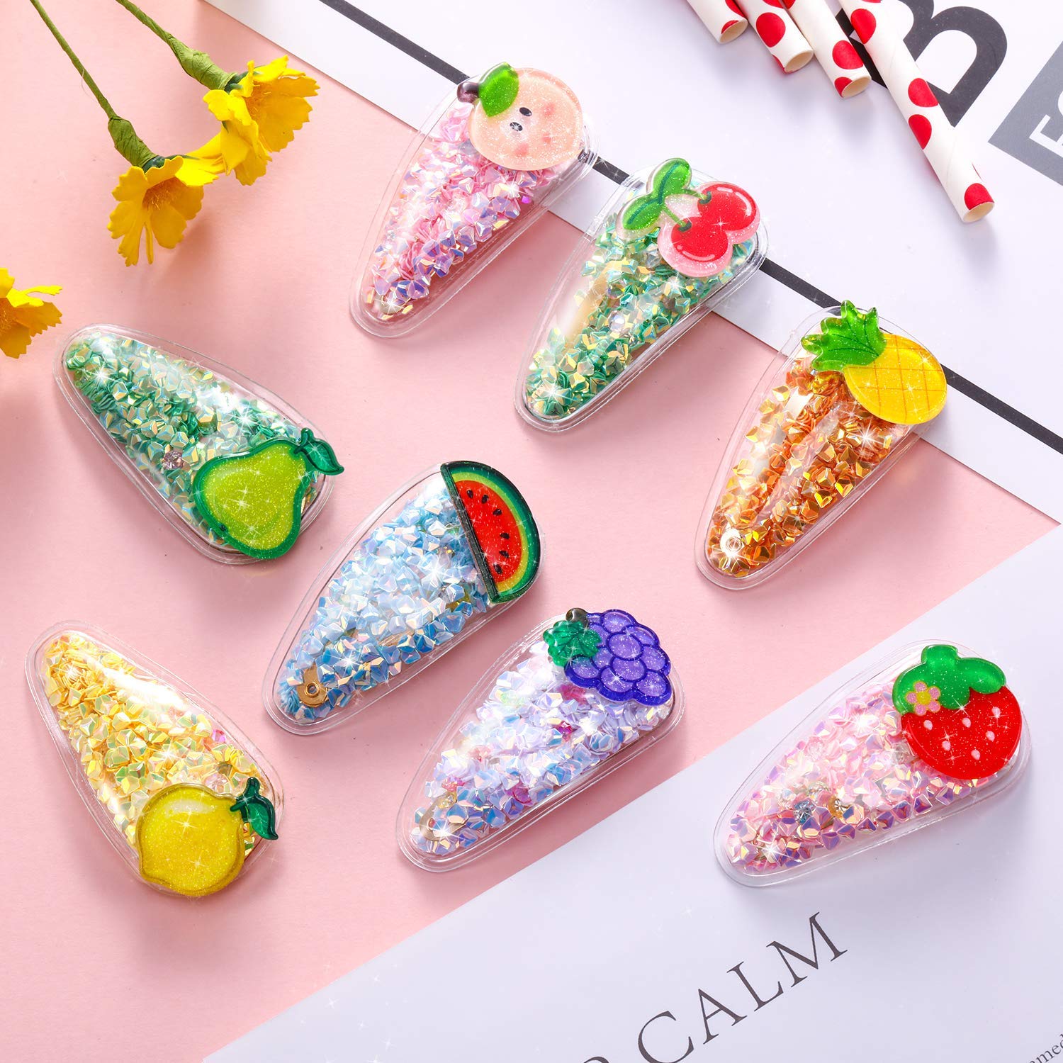 ScentRose Transparent Shiny Fruit Cartoon Hair Clips for Baby Girls, Toddlers, Kids & Teens - Elegant Glitter Hair Accessories (4-Piece Pack, Random Colors/Designs) - Perfect for School, Parties & Daily Styling