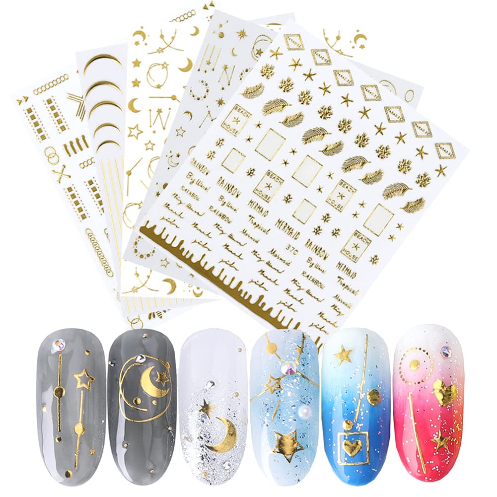 3D Metallic Star Moon Nail Art Stickers - Self-Adhesive Nail Decals with Feather, Geometric & Chain Designs - Gold Nail Art Supplies for Manicure (5 Sheets) - Perfect for Party, Wedding, Salon & DIY Nail Decoration