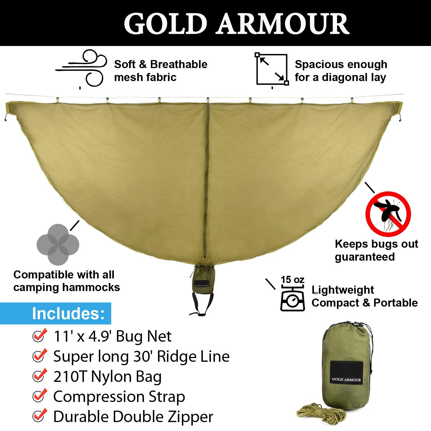 Premium Gold Armour Hammock Bug Net - Heavy Duty Mosquito & No-See-Um Mesh Netting for Double & Single Hammocks - Outdoor Camping, Backpacking & Backyard Relaxation (OD Green)