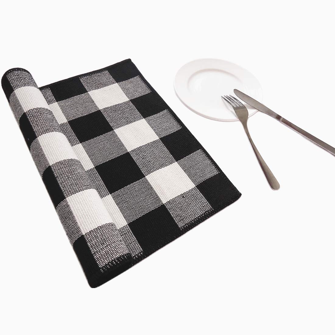 UKELER Set of 6 Buffalo Check Plaid Placemats - 100% Cotton Crossweave Woven Table Mats | Washable, Heat Resistant & Decorative Kitchen Dining Mats (Black & White) for Holiday Dinners, Parties & Everyday Use