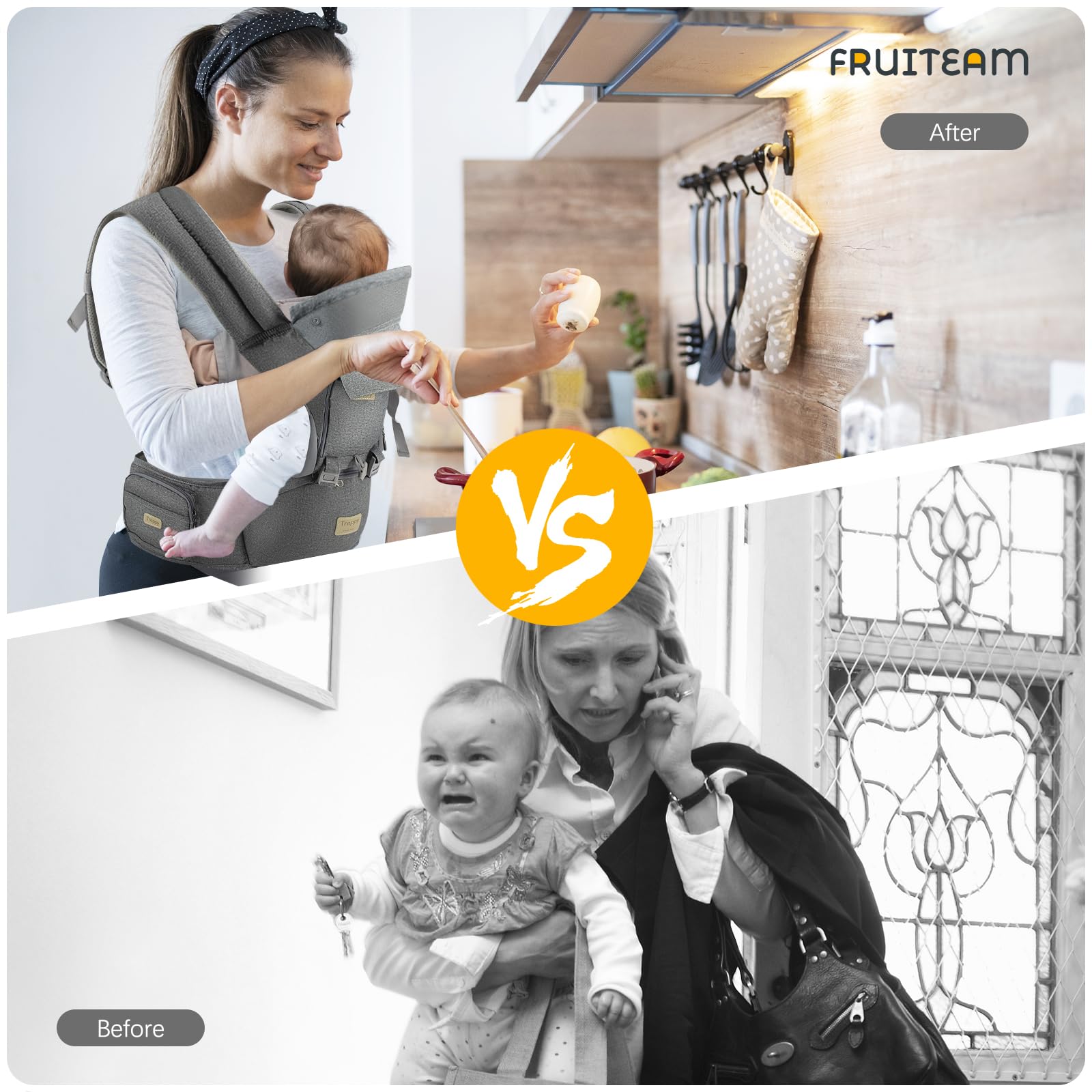 FRUITEAM Safety-Certified Baby Carrier with Hip Seat - Adjustable Front & Back Carry Infant Carrier for Newborn to Toddler (0-36 Months) - Ergonomic Design with Head Support Hood - Perfect for Walking, Shopping & Travel - Misty Grey