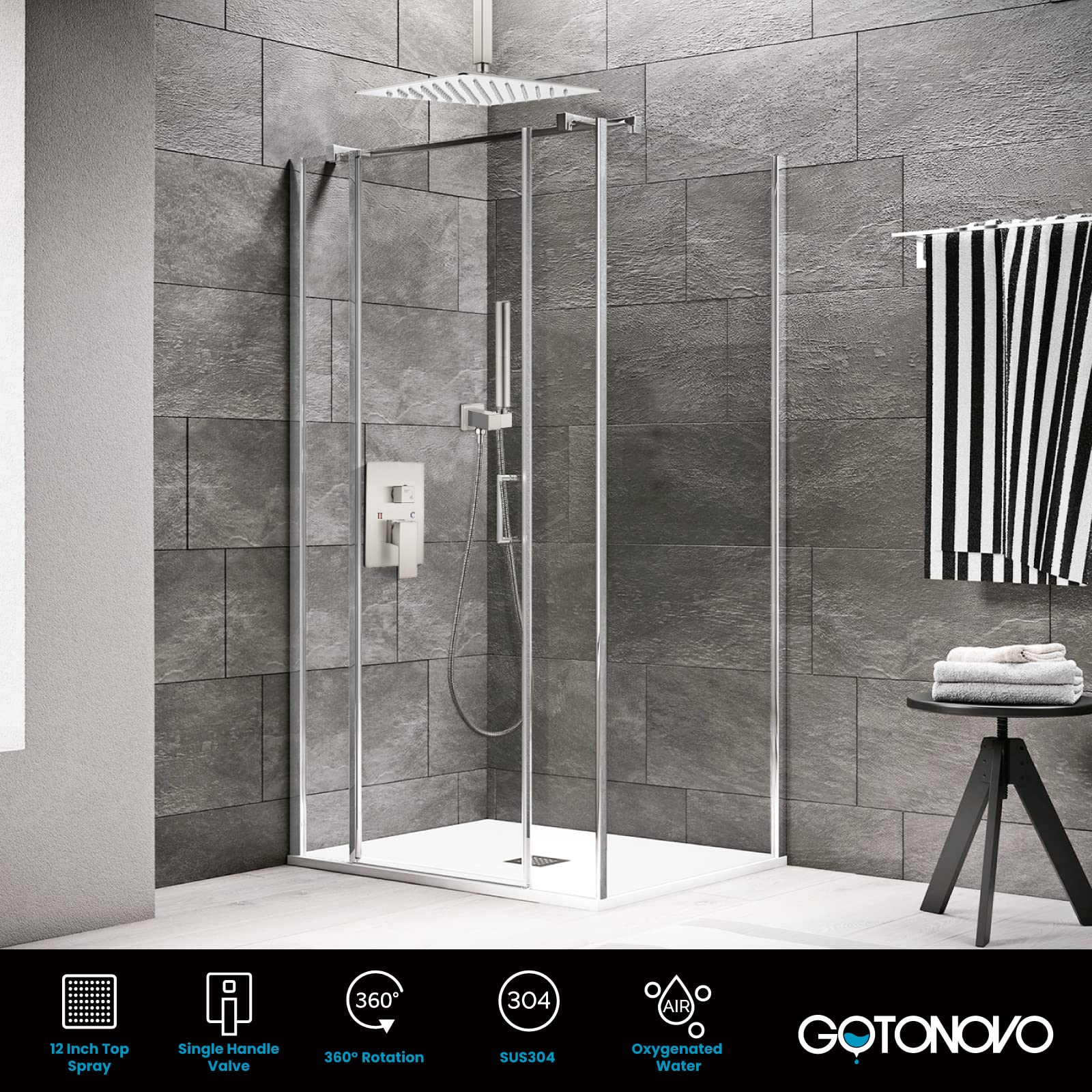 Gotonovo 12 Inch Square Ceiling Mount Rainfall Shower System - Brushed Nickel 2-in-1 Shower Faucet Set with Handheld Showerhead & Rough-in Valve for Modern Bathroom Remodel | Spa-Like Shower Experience for Luxury Homes & Hotels