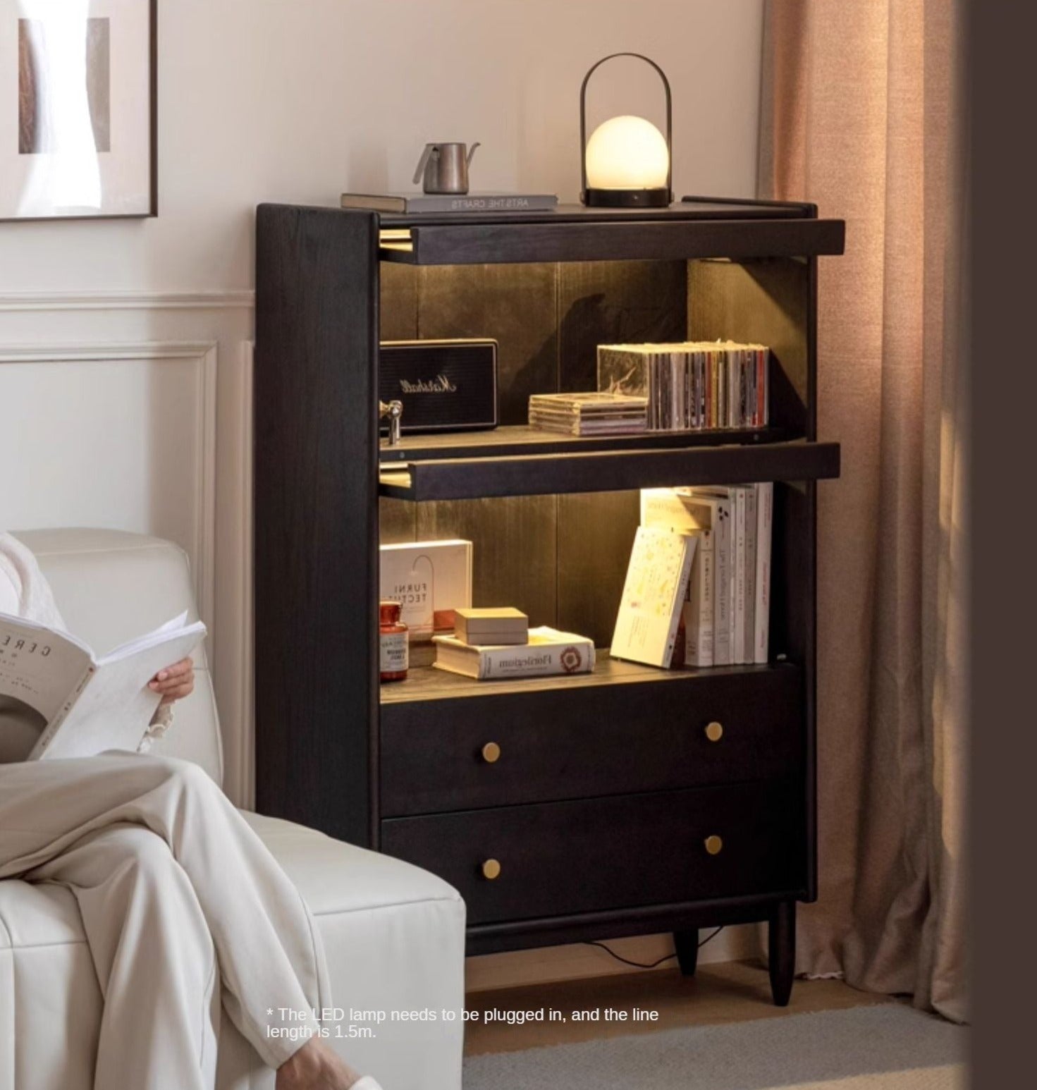 Solid Oak Wood Side Cabinet - Black Finish | Stylish Storage for Living Room, Bedroom, or Office