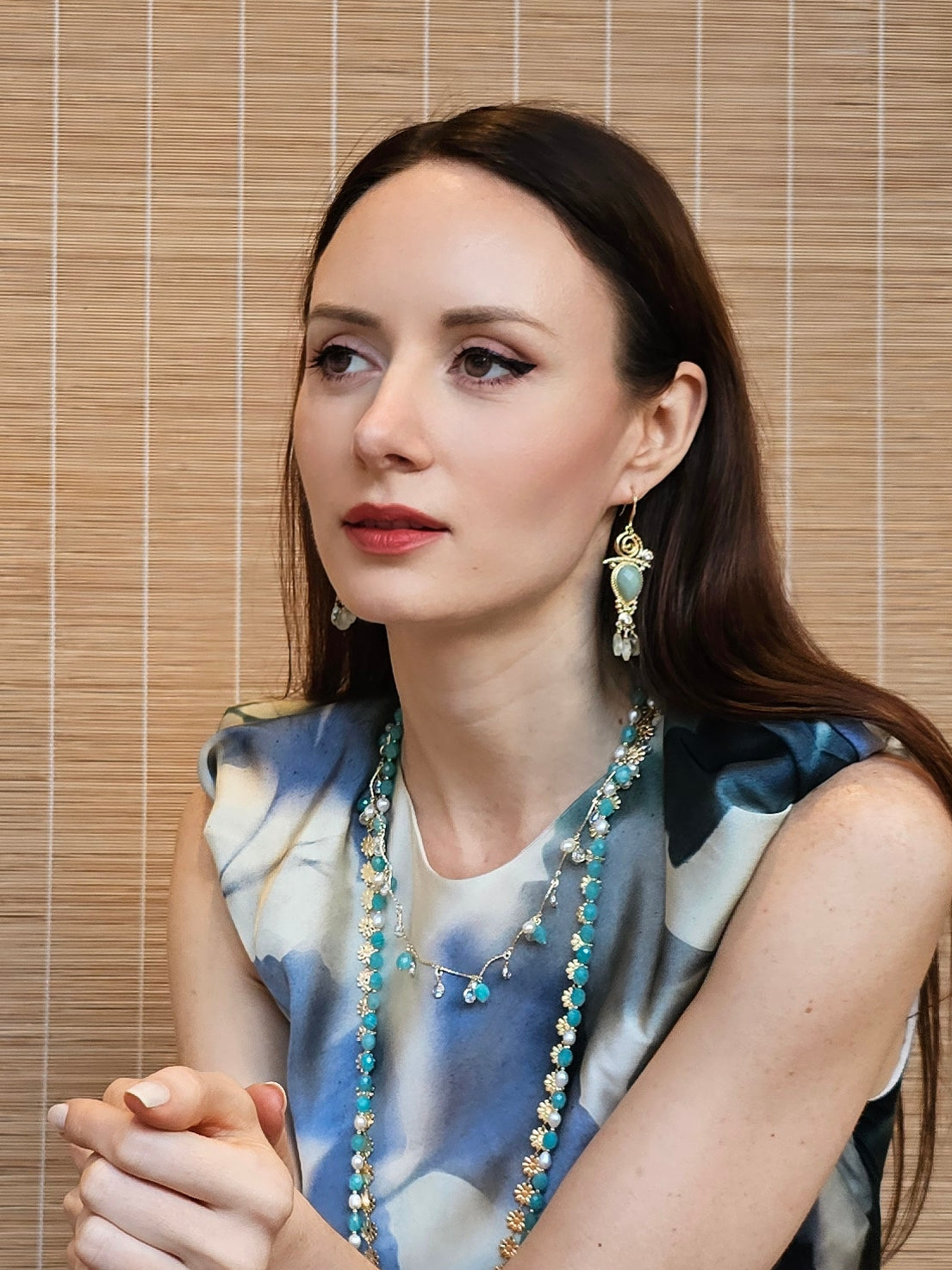 Amazonite Flower Chain Double Layer Necklace for Women - Elegant Bohemian Jewelry for Parties, Weddings & Everyday Wear PN016