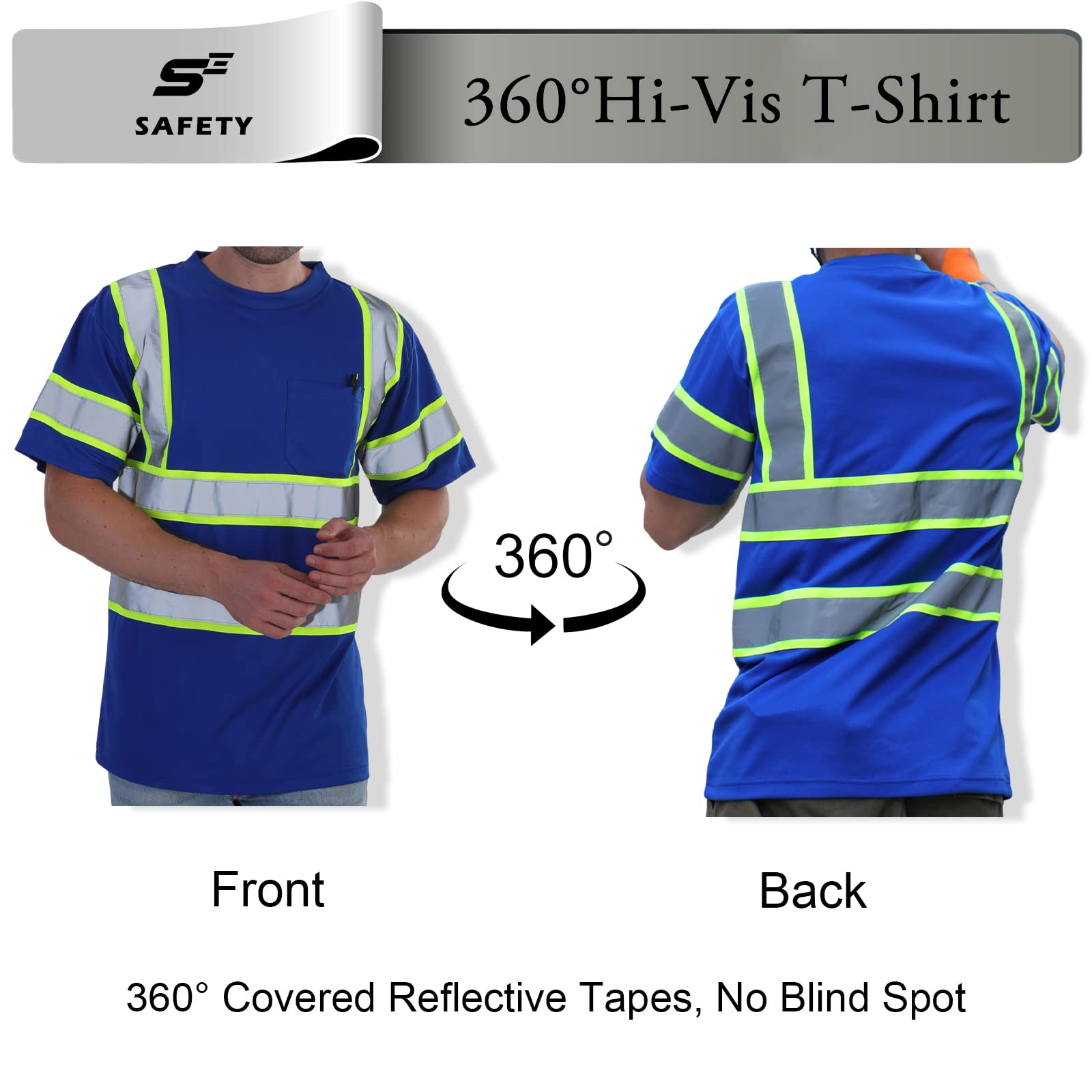 High Visibility Class 3 Safety Shirts for Men - Reflective Construction Work Shirts with Pocket, Short Sleeve Blue & Yellow Stripes (Size XL) - Ideal for Road Construction, Night Work & Emergency Response Teams