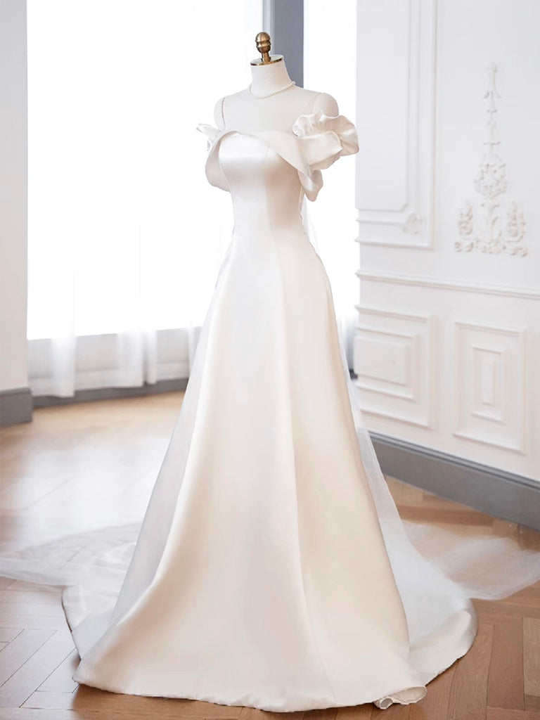 Elegant A-Line Off Shoulder Satin Ivory Long Prom Dress - Formal Evening Gown for Homecoming, Wedding & Special Occasions