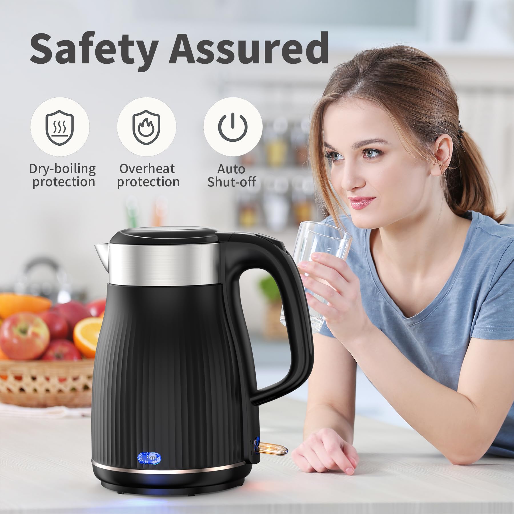 OMISOON 1.8L Electric Kettle Stainless Steel - 1500W Fast Boiling, Auto Shut Off & Boil Dry Protection, Keep Warm Function - Perfect for Home, Office, Dorm & Travel Use - Black
