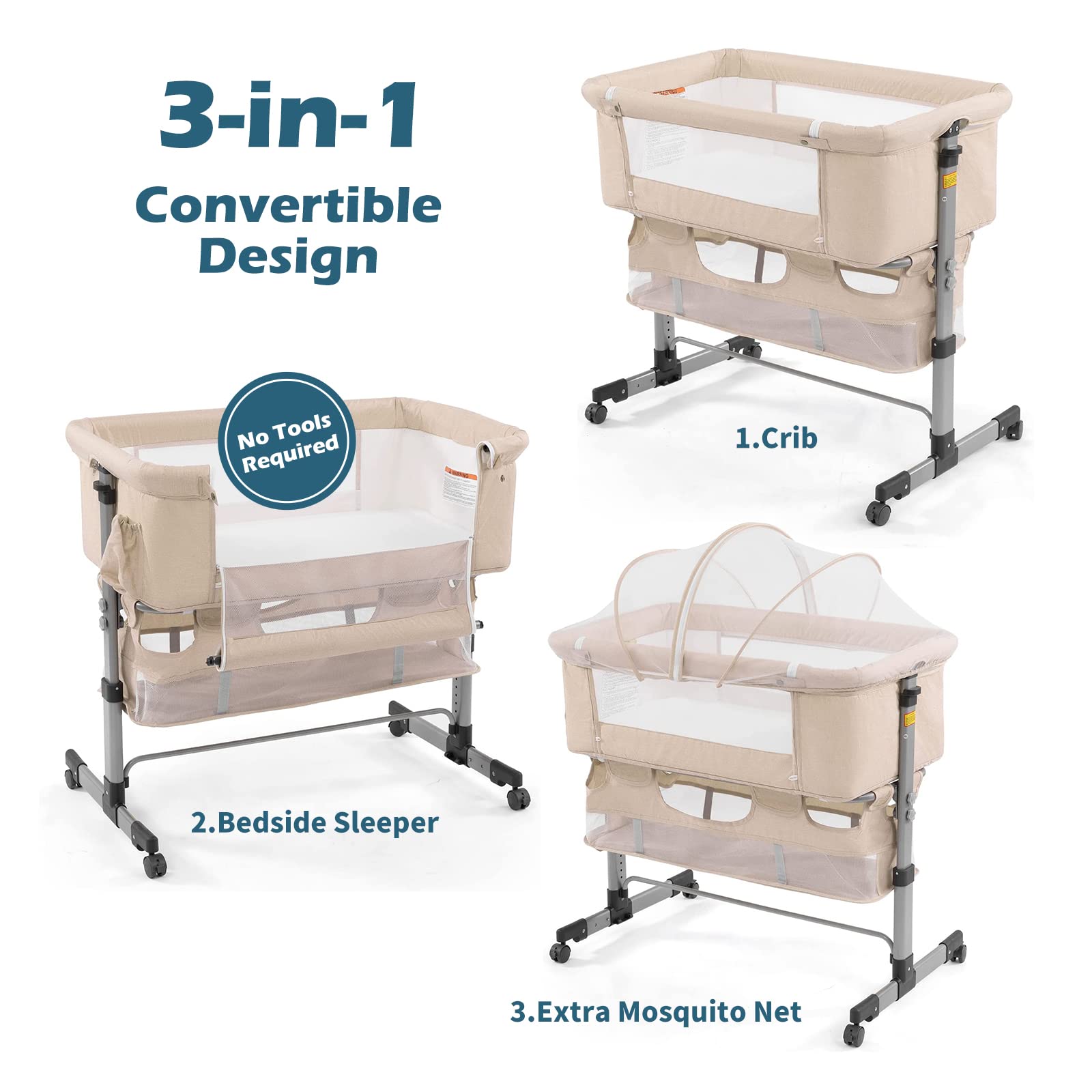 3-in-1 Portable Adjustable Bedside Crib for Newborn Baby - Convertible Bassinet with Mosquito Net for Girls & Boys - Deep Khaki - Perfect for Nursery, Bedroom & Travel