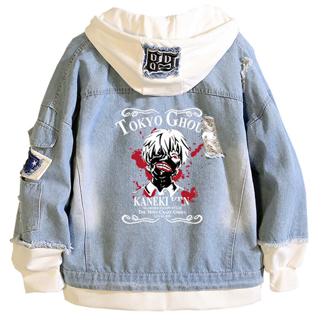 Tokyo Costume Women & Men's Trucker Jacket - Classic Ripped Slim Fit Denim Jacket with Distressed Holes | Kaneki Cosplay Hoodie | Perfect for Anime Conventions, Halloween & Streetwear Fashion