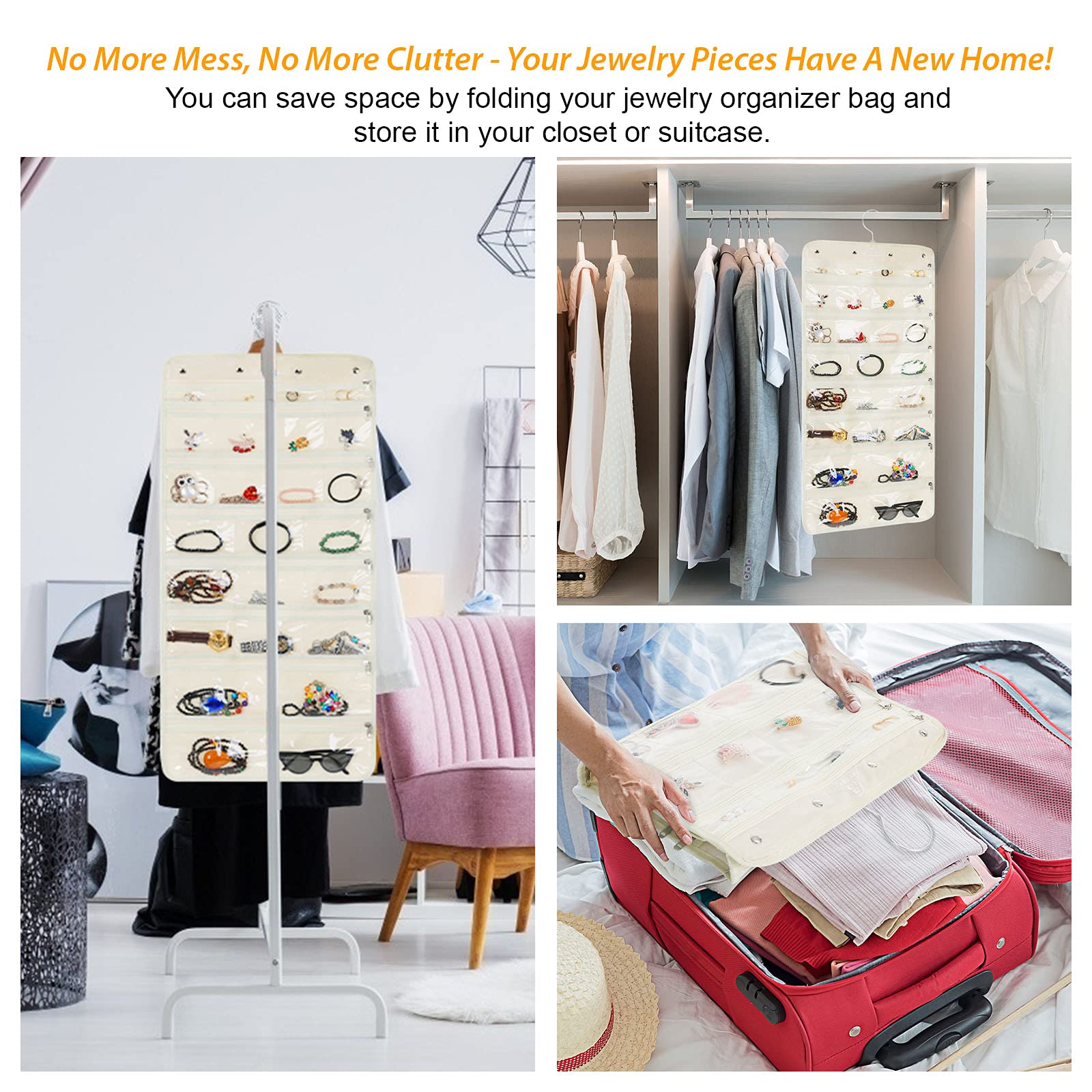 Revolving Jewelry Organizer Hanger with 50 Pockets - Foldable Storage & Display Solution with Secure Zipper Closure - Perfect for Necklaces, Earrings & Bracelets - Ideal for Bedroom, Closet & Travel (Beige)