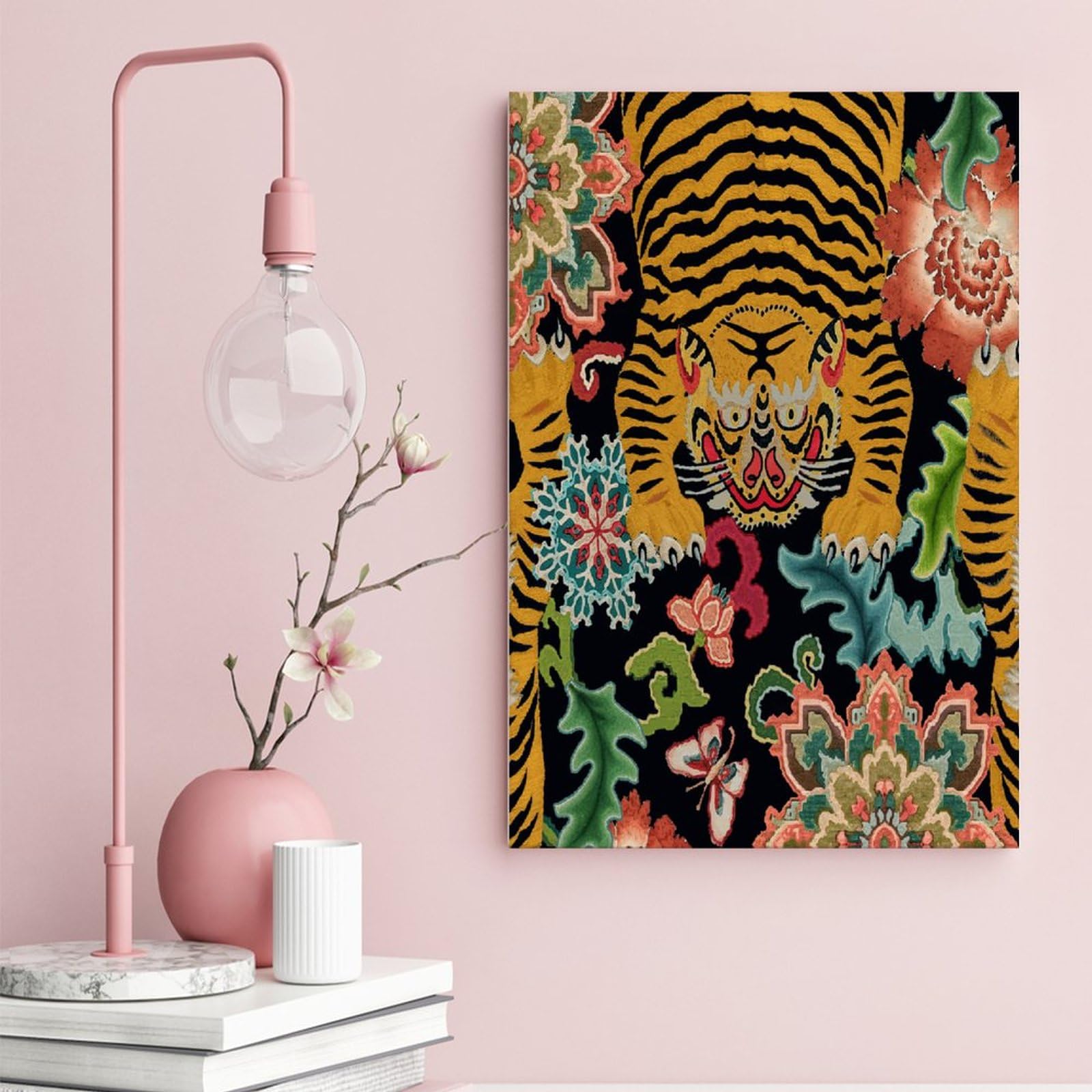 Vibrant Tiger & Chinoiserie Floral Canvas Wall Art - Asian Style Framed Print Decor for Living Room, Bedroom, Office - Ready to Hang 8x12 Inch - Perfect for Home Decor, Housewarming Gifts & Interior Design
