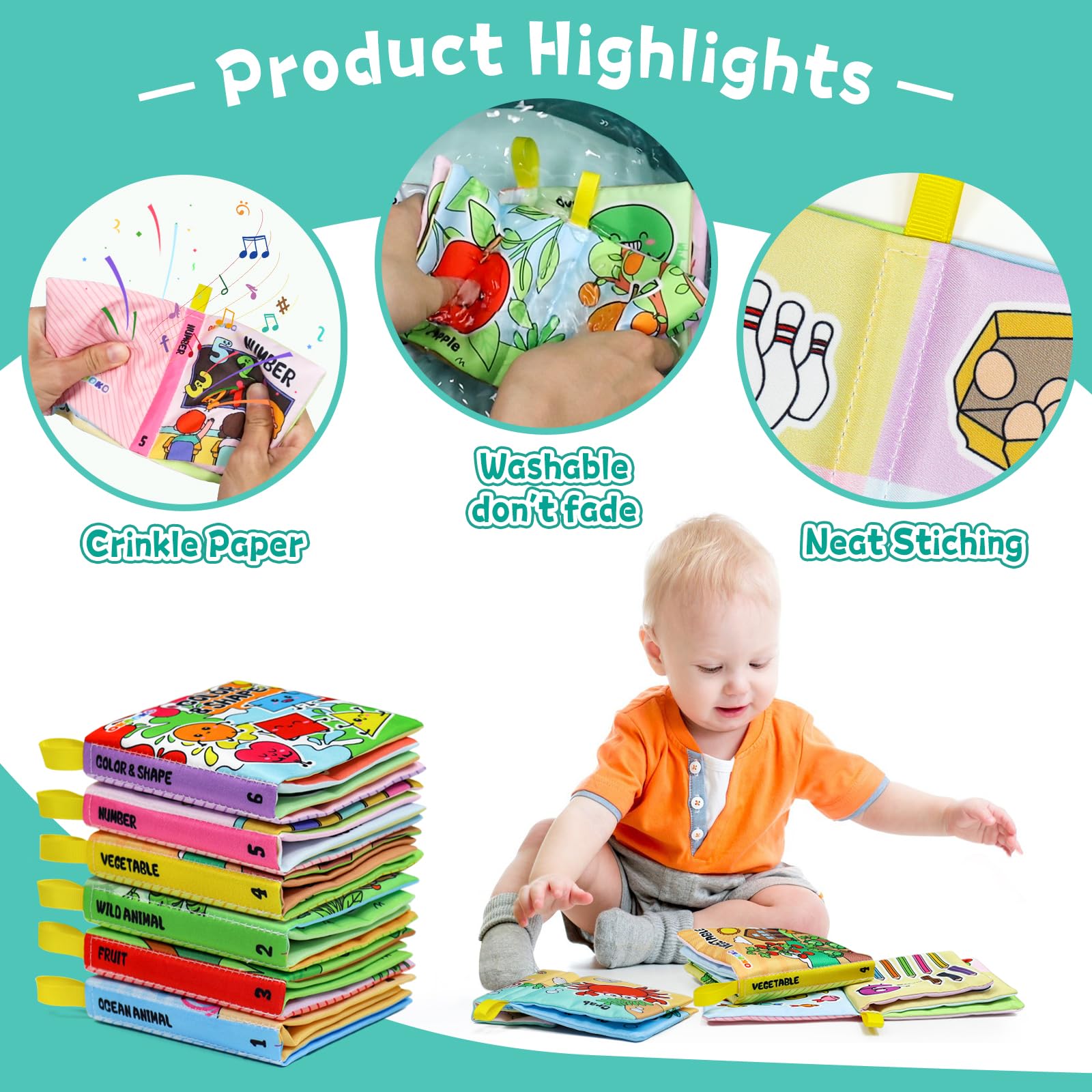 OKOOKO 6PCS Soft Baby Cloth Books - Washable Crinkle Bath Books for Newborns, Infants & Toddlers | Non-Toxic Early Learning Educational Toys | Perfect for Storytime, Sensory Play & Bath Time Fun