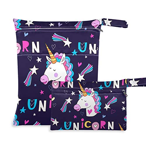 2 Pack Waterproof Wet Dry Bags with Zipper - Reusable Unicorn Cloth Storage Pouches for Swimsuits, Baby Diapers & Toiletries | Perfect for Pool, Beach, Gym, Travel & Stroller Organization