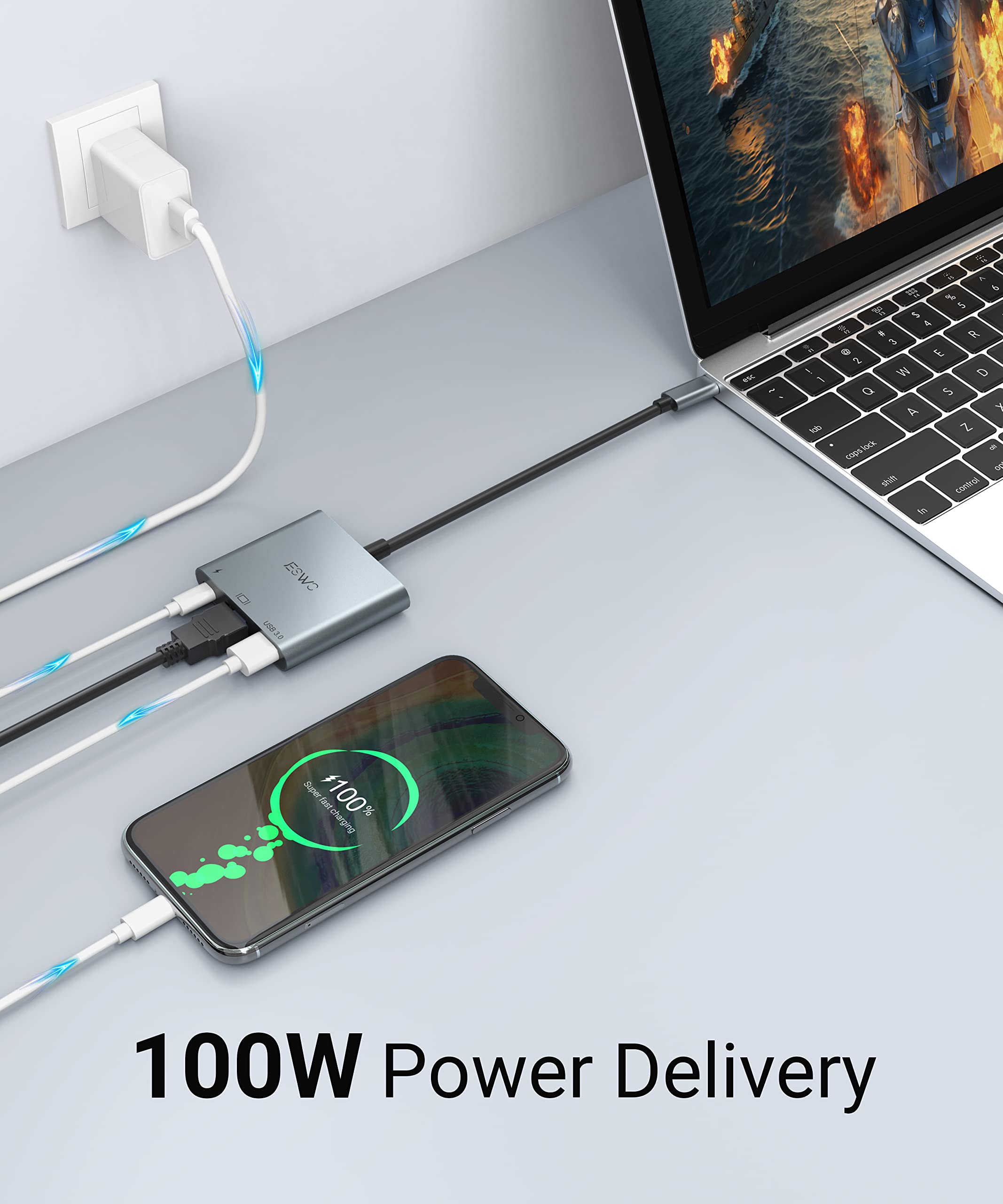 JESWO USB C to HDMI Adapter 4K - 3-in-1 USB C Hub with HDMI, USB 3.0 Port & 100W PD Charging - Compatible with MacBook Pro/Air, iMac, Mini - Perfect for Home Office, Presentations & Multi-Screen Setup