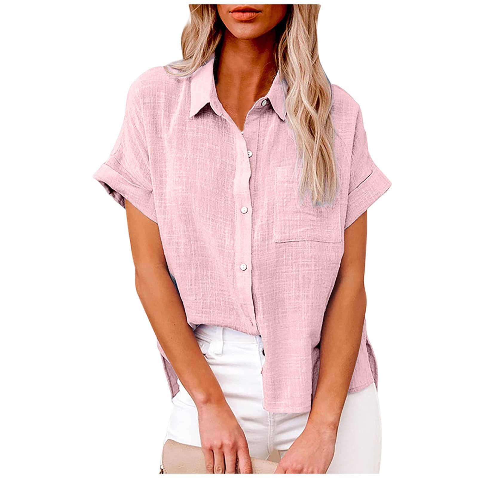 Trendy Women's Summer Tops - Solid Color V-Neck Button Blouse & Short Sleeve Cardigan | Comfortable Cotton Linen Shirts for Casual Wear, Office & Date Night