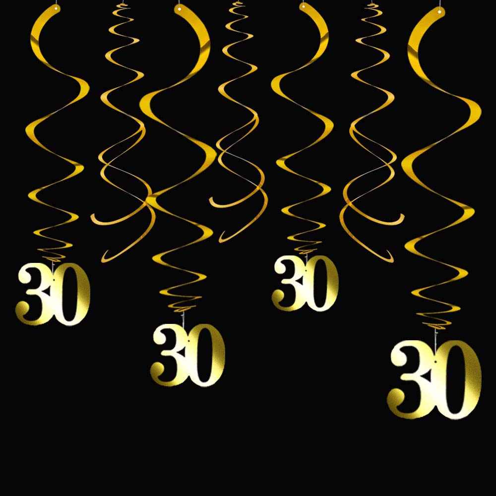 Aimto Gold 30th Birthday Party Decorations - 20 Pack Foil Ceiling Hanging Swirls for 30th Anniversary & Milestone Celebrations - Perfect for Birthday Parties, Wedding Decor, and Special Events