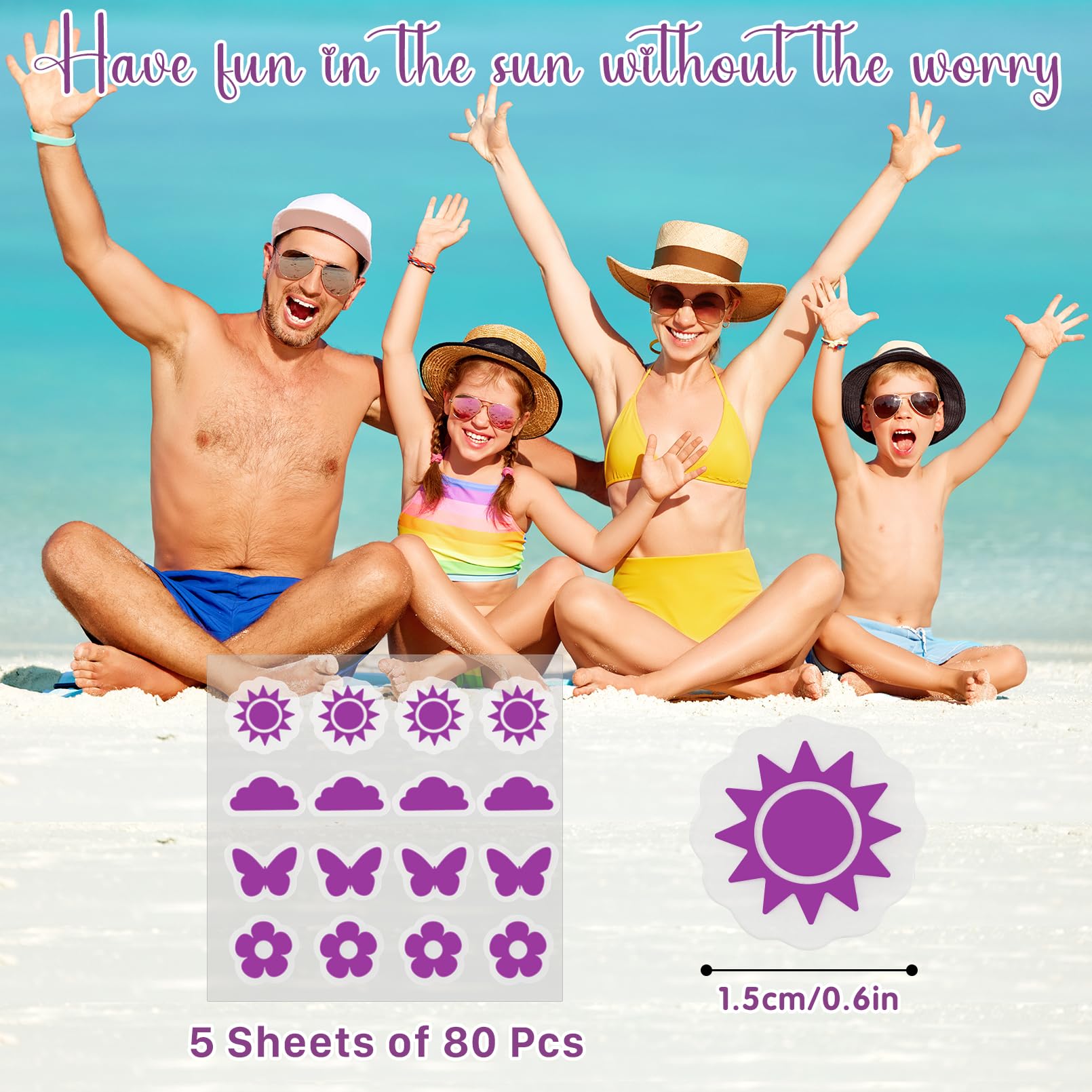 80 Pcs UV Detection Stickers for Sunscreen – Reusable Sun UV Protection Stickers, Safe & Waterproof – Know When to Reapply Sunscreen (Perfect for Beach, Pool, Outdoor Activities & Summer Travel)