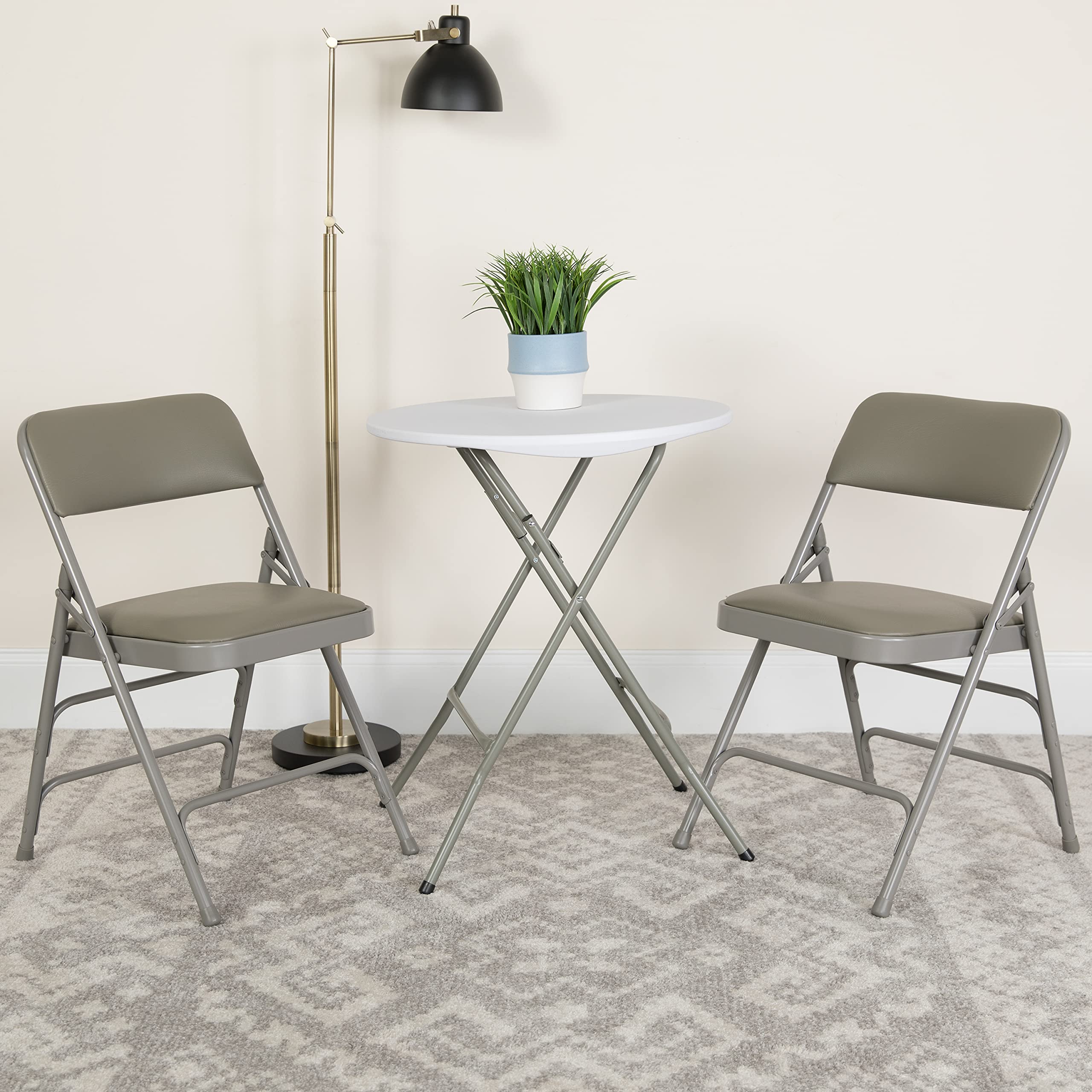 EMMA + OLIVER 2 Pack Heavy Duty Curved Triple Braced Gray Vinyl Metal Folding Chairs - Sturdy & Comfortable for Outdoor Events, Weddings, Parties, and Home Use