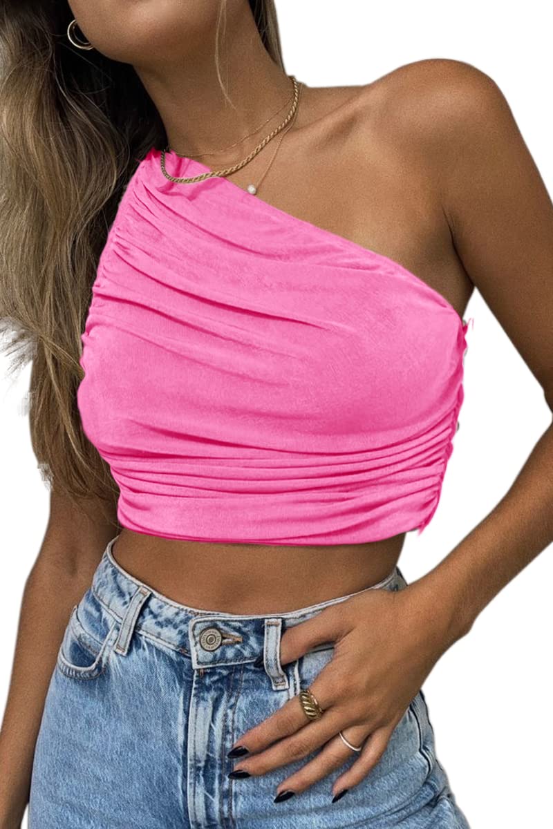 CHYRII Women's Sexy Sparkly One Shoulder Crop Top - Sleeveless Ruched Tank Top for Club, Party & Night Out | Summer Fashion & Casual Wear