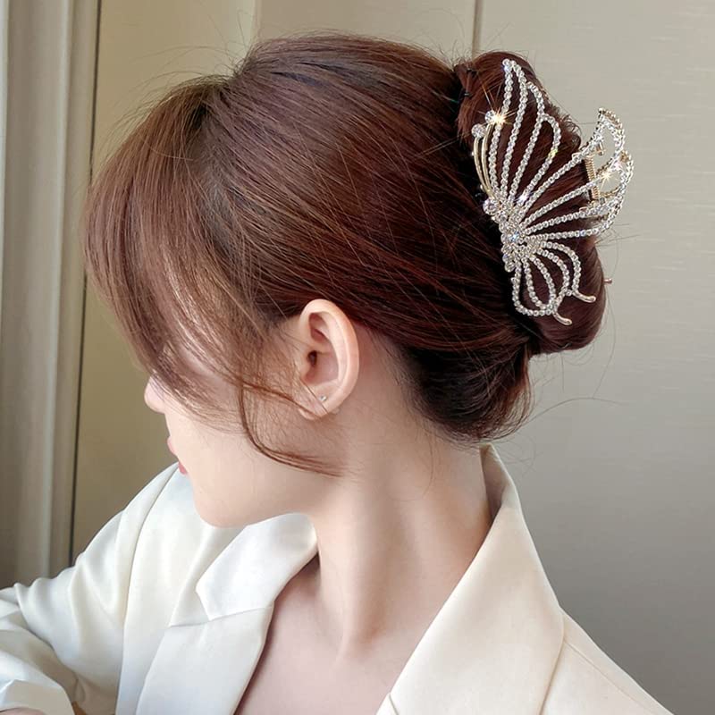EPARTY - Large Butterfly Hair Clips for Women, Gold Metal Non-Slip Rhinestone Jaw Clips for Thick & Thin Hair - Perfect for Parties, Weddings & Everyday Styling