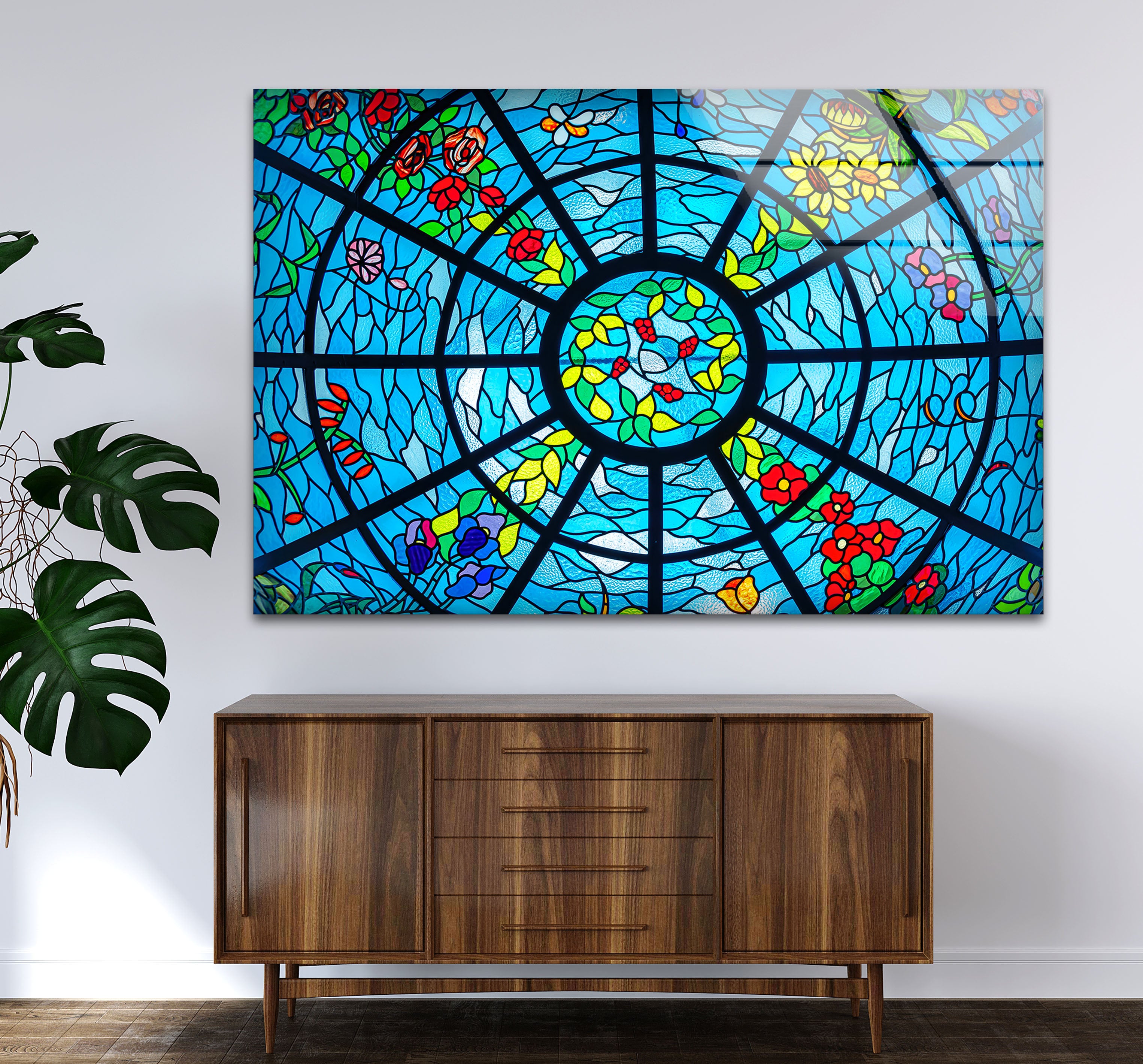 Blue Stained Glass Wall Art - Vibrant Floral & Ocean Window Design for Home & Office Decor | Perfect for Living Room, Bedroom, or Office Wall Decorations
